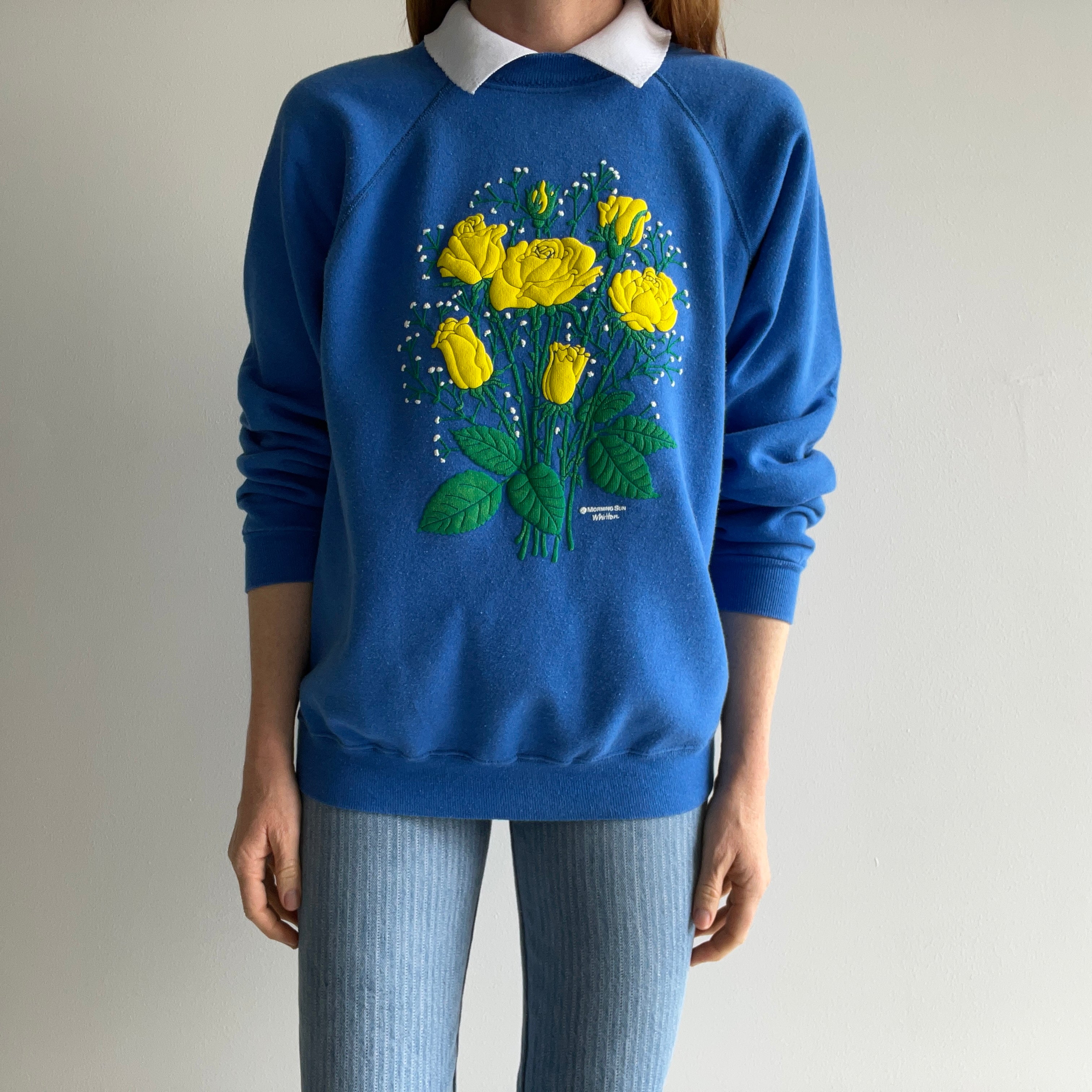 1980s Morning Star Yellow Roses Built In Polo Sweatshirt - YES PLEASE