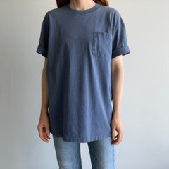 1980/90s Slate Blue Gray Striped Longer Cotton T-Shirt