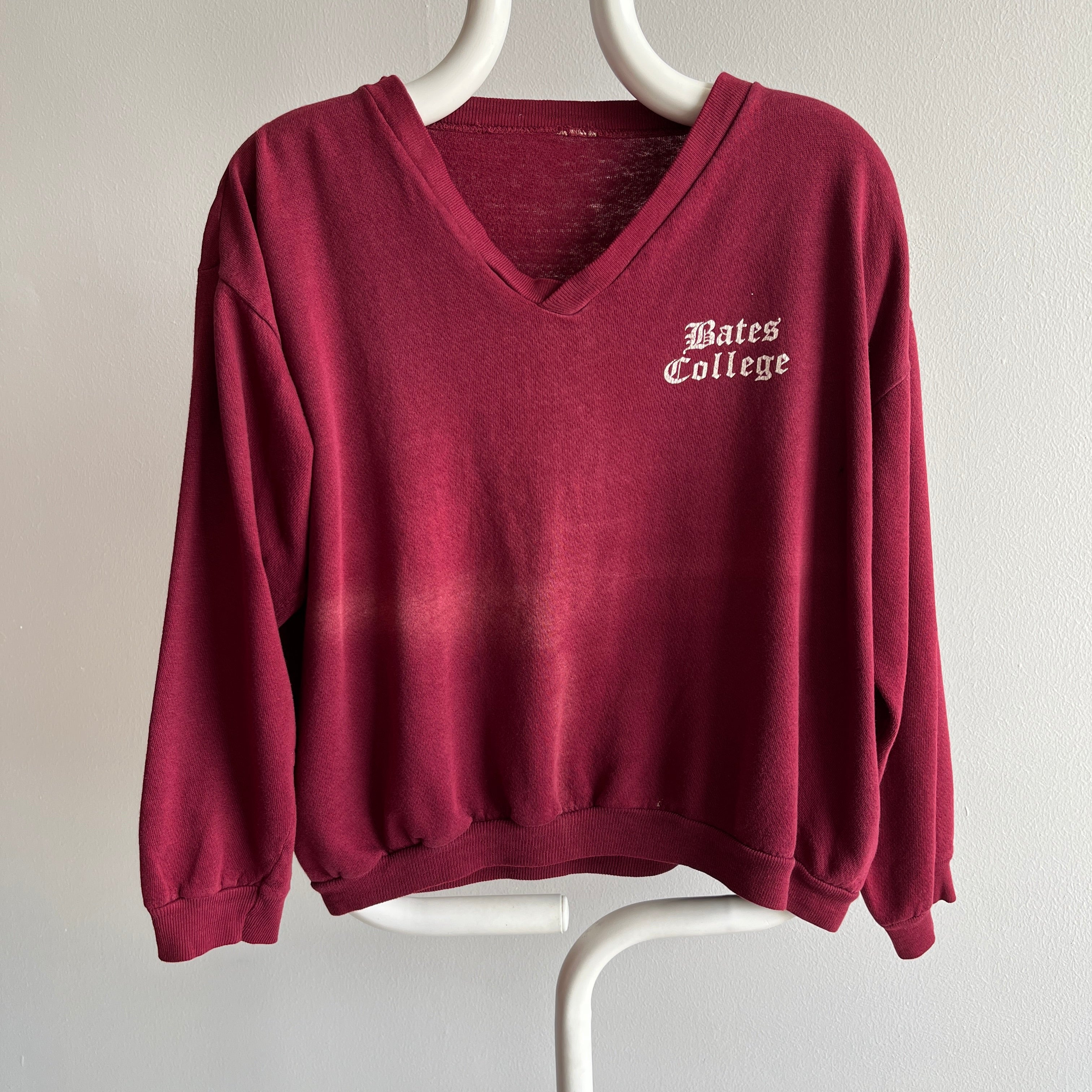 1970s Bates College Thin, Sunfaded, and Beat Up V-Neck Sweatshirt