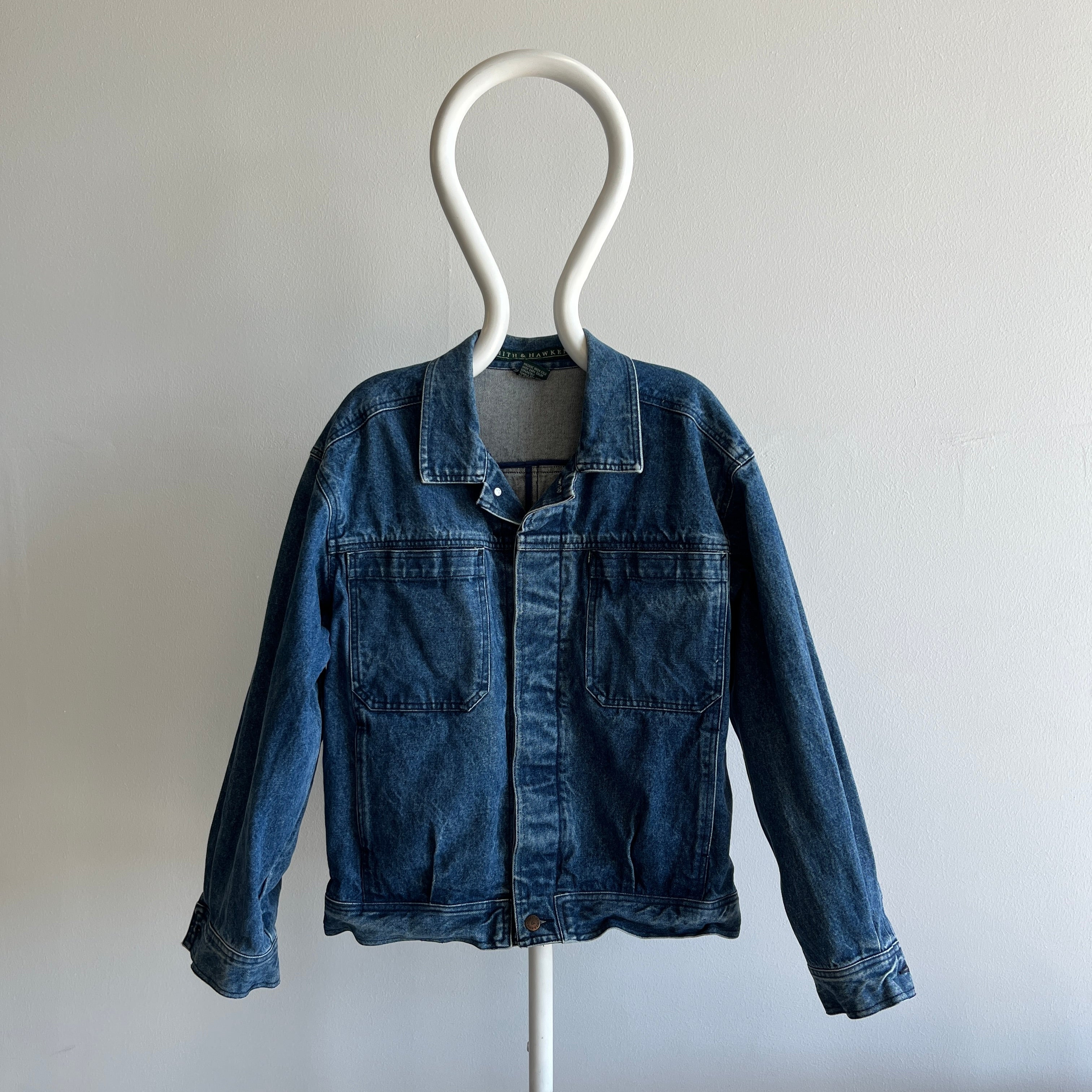 1990s Smith & Hawkens Larger Denim Jean Jacket with Awesome Pleats and Velcro