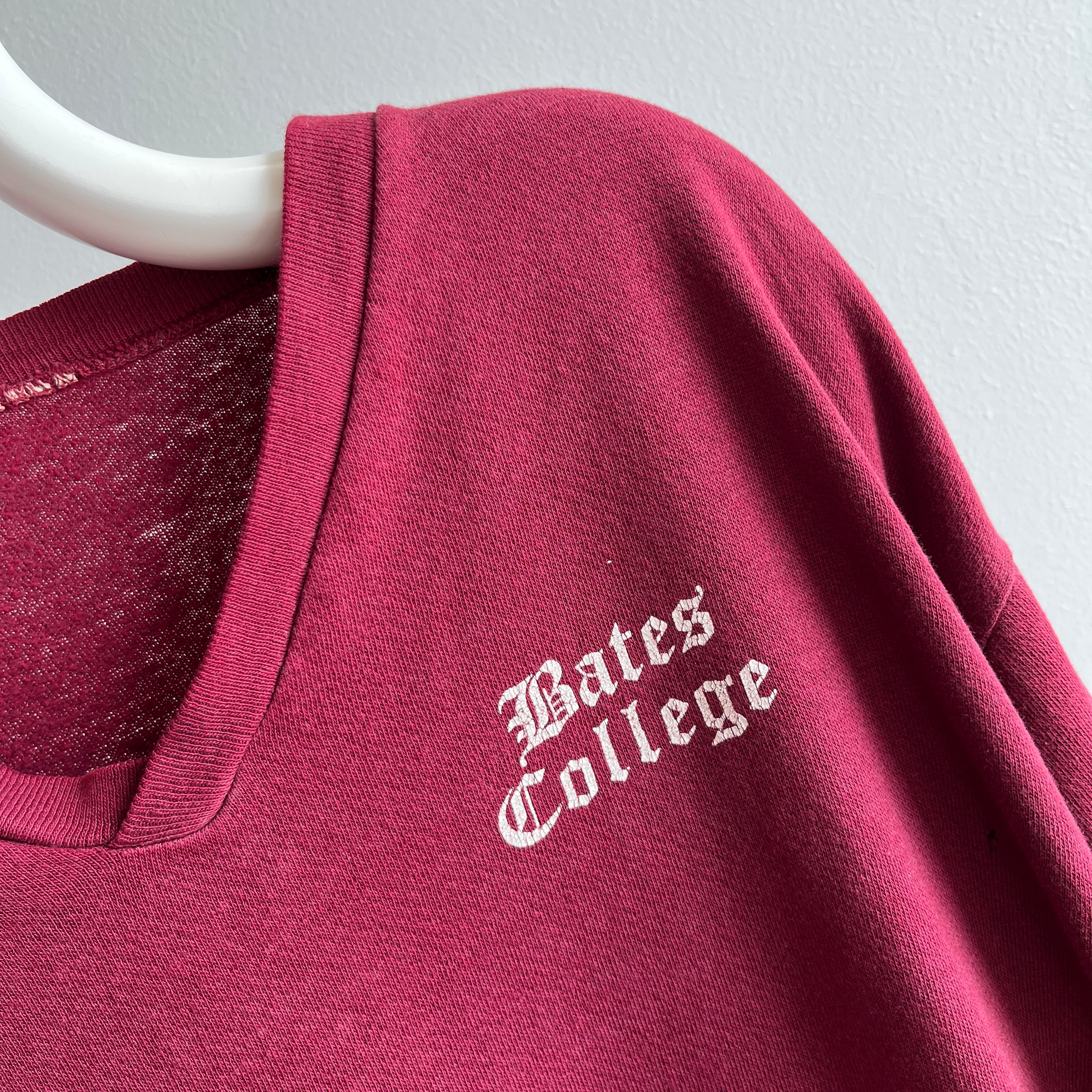 1970s Bates College Thin, Sunfaded, and Beat Up V-Neck Sweatshirt