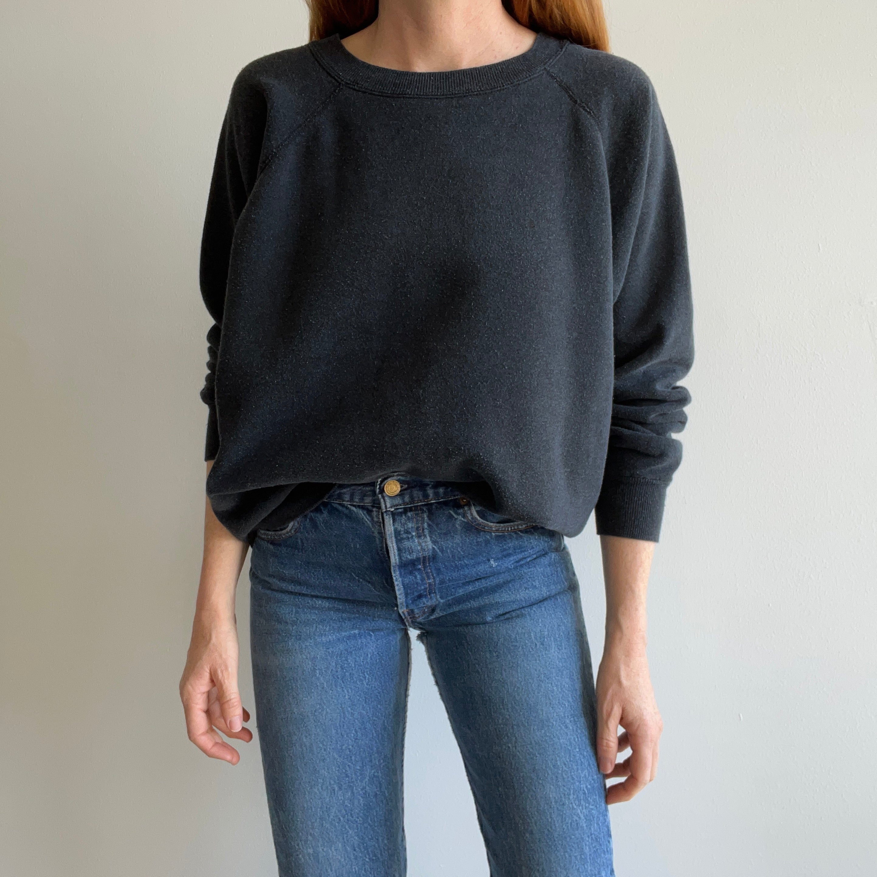 1980s Faded Black to Gray Slouchy Delight of a Raglan Sweatshirt