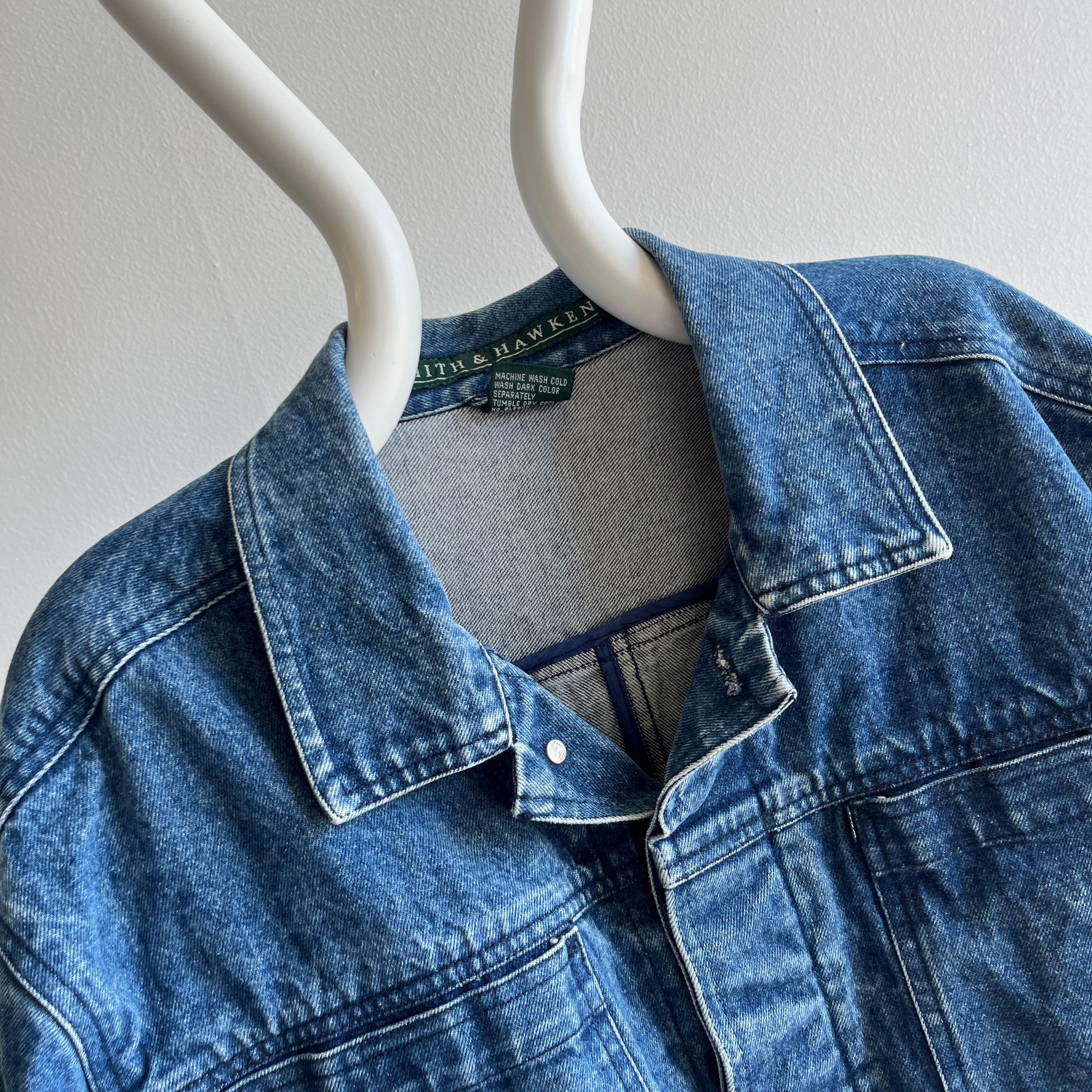 1990s Smith & Hawkens Larger Denim Jean Jacket with Awesome Pleats and Velcro