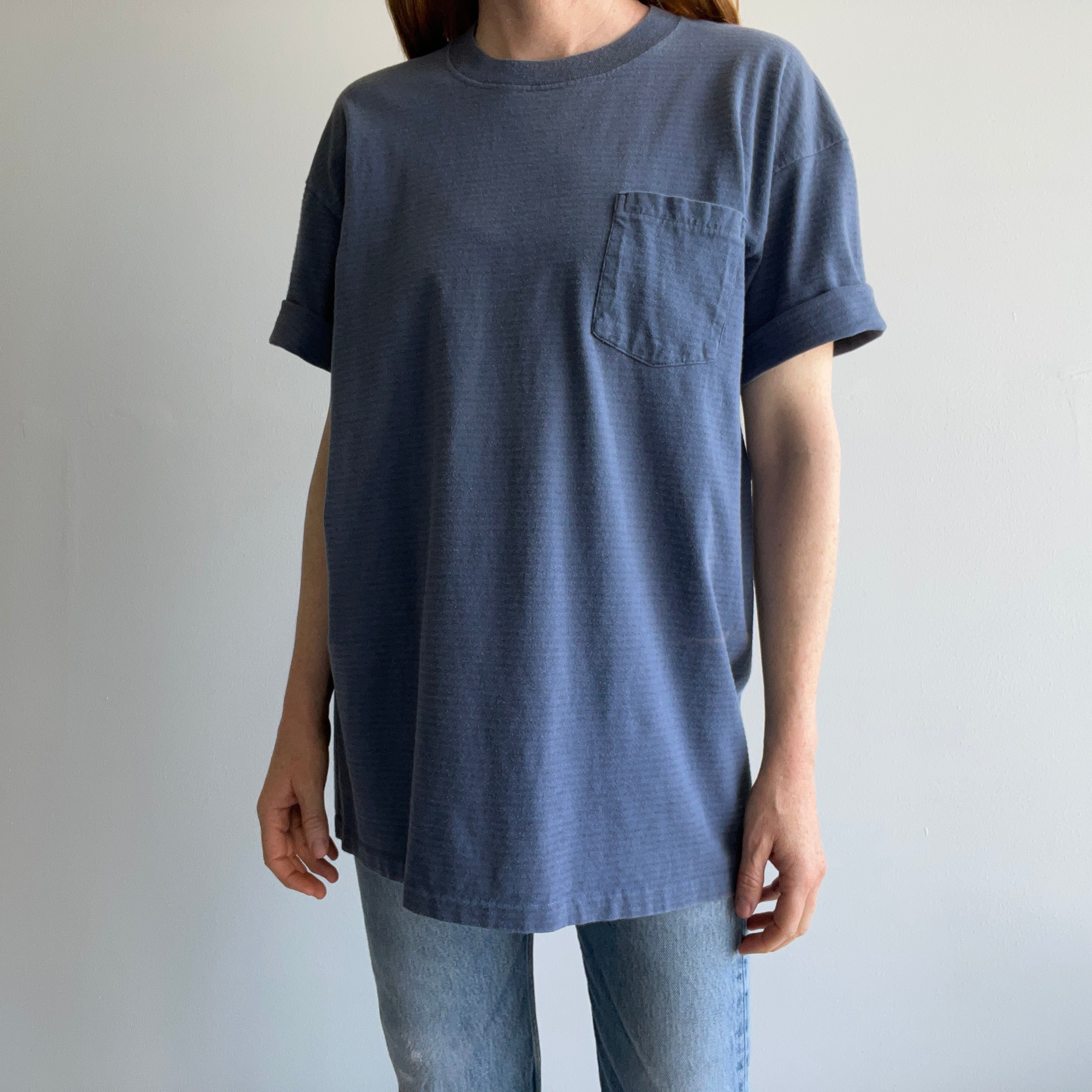 1980/90s Slate Blue Gray Striped Longer Cotton T-Shirt