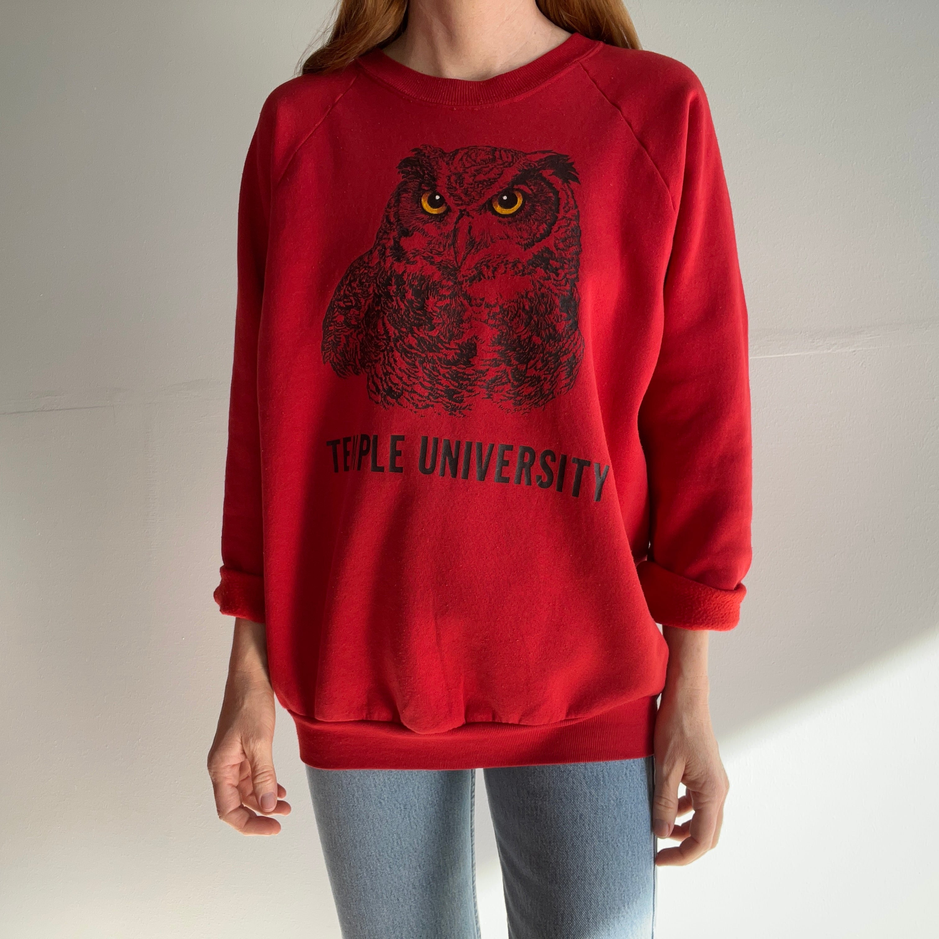 1980s Temple University Hemmed Sleeve Owl Sweatshirt - WORN