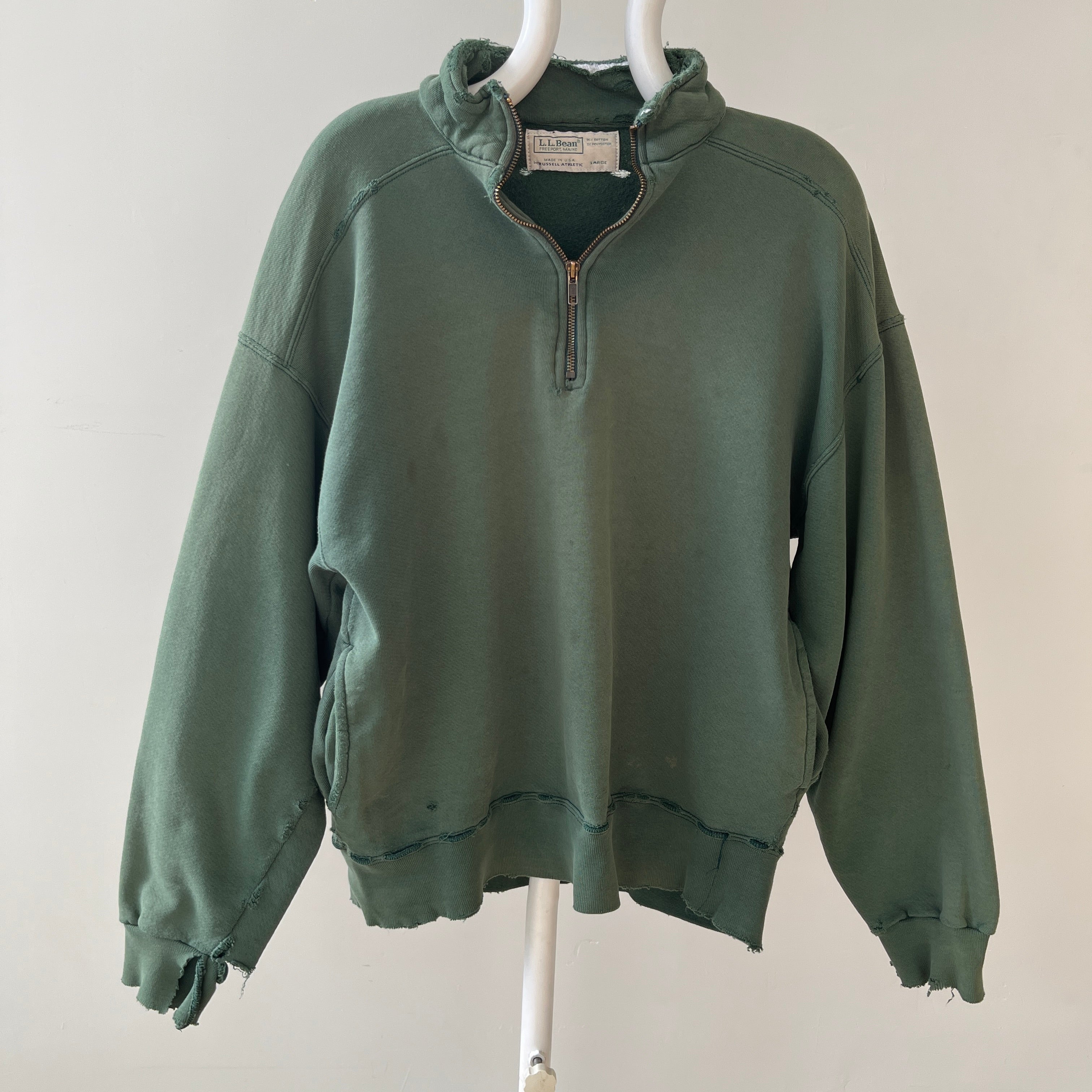 1980s Green Thrashed L.L. Bean Quarter Zip Sweatshirt