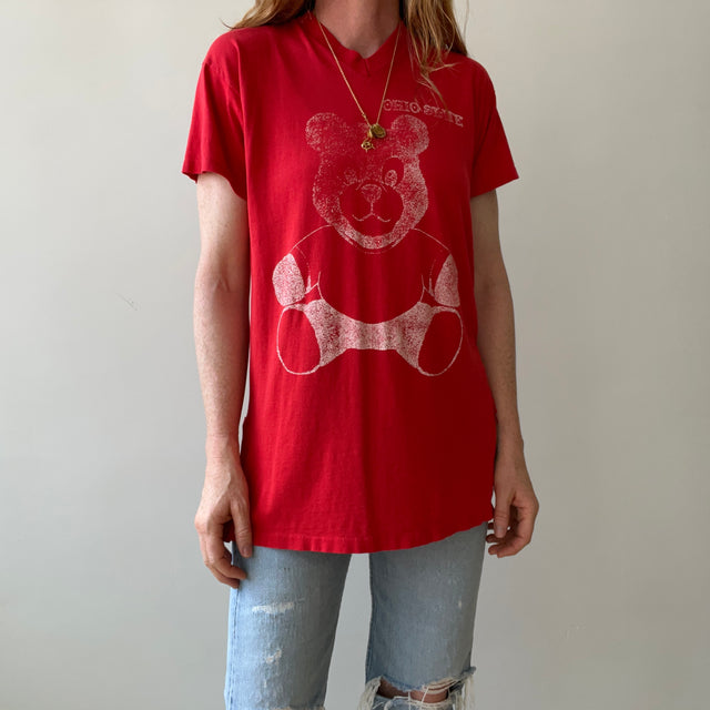 1980s Ohio State Teddy Bear V Neck T-Shirt - Very Faded, Soft and Slouchy