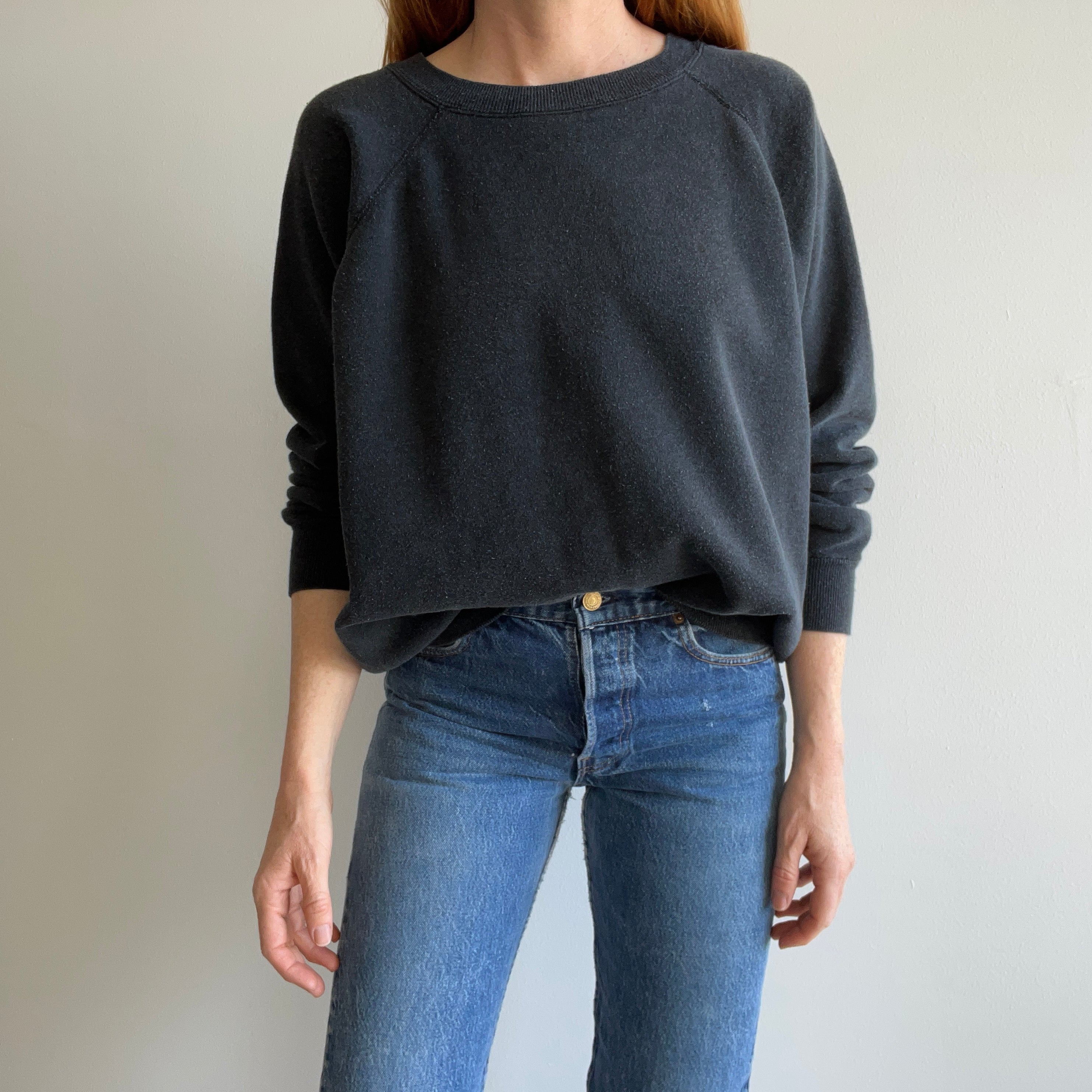 1980s Faded Black to Gray Slouchy Delight of a Raglan Sweatshirt