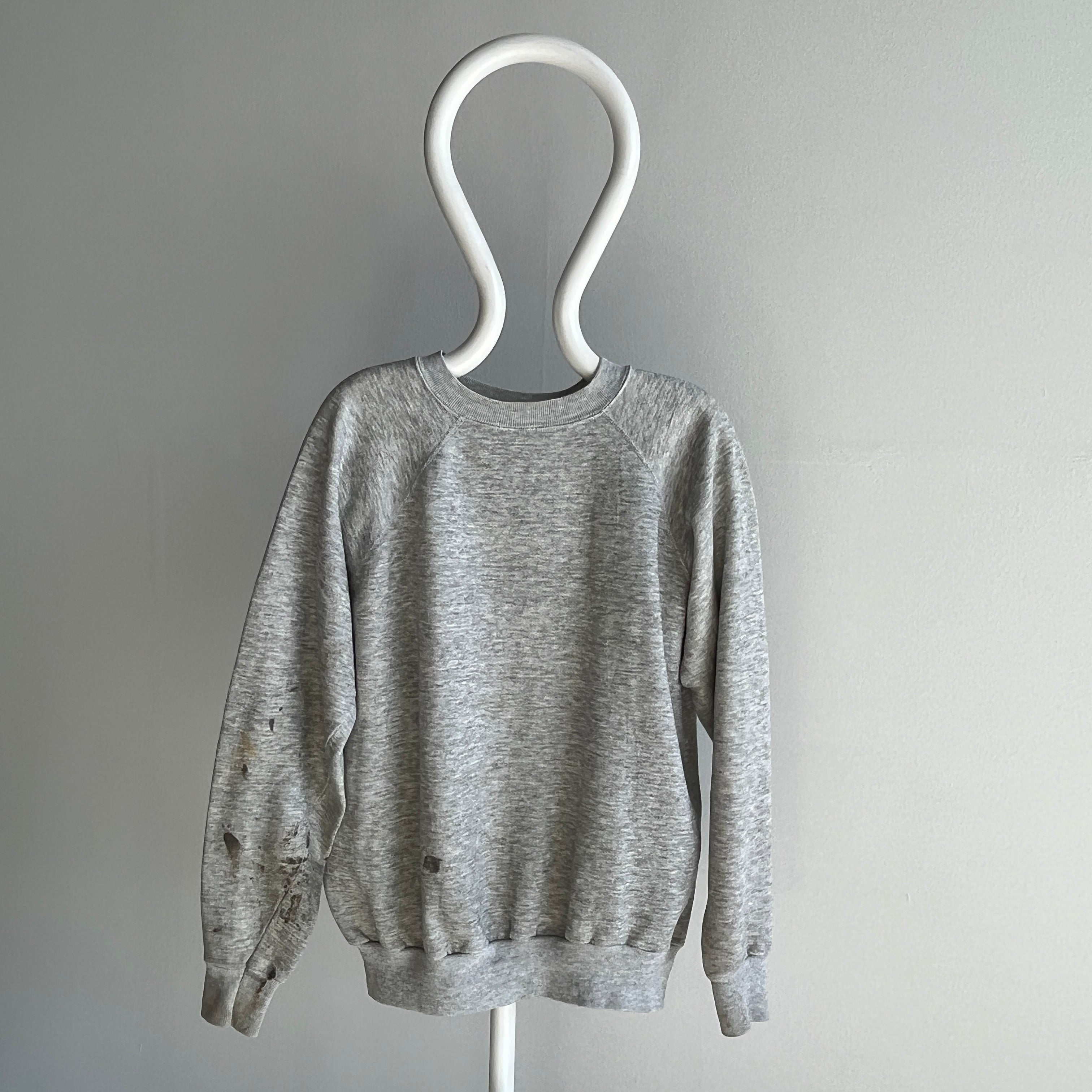 1980s Dreamy Blank Gray Sweatshirt Covered in Sleeve Stains