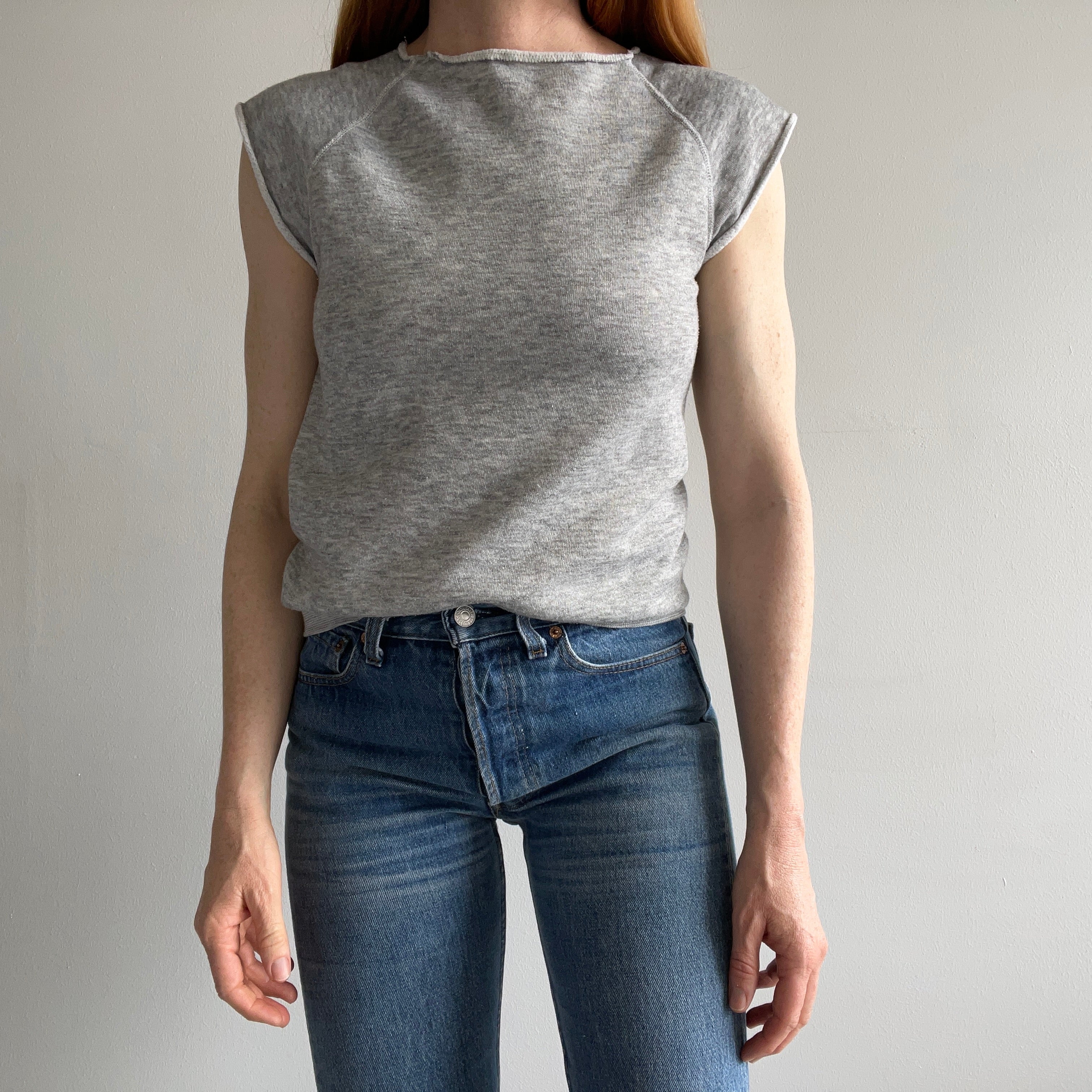 1970s Blank Gray Warm Up Muscle Shirt - Holes