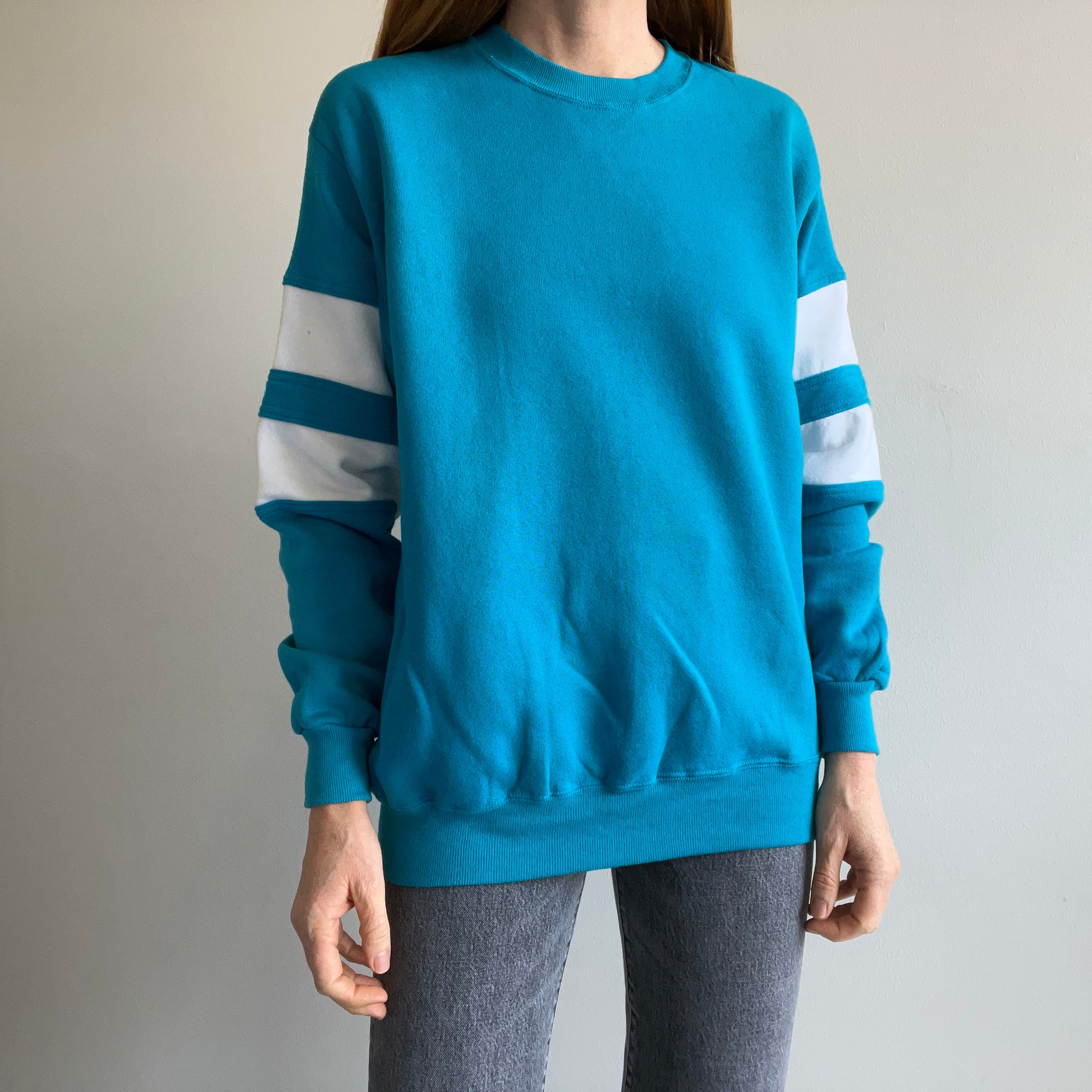 1980s Never? Worn Color Block Blue and White Sweatshirt by Wolf - Oh My