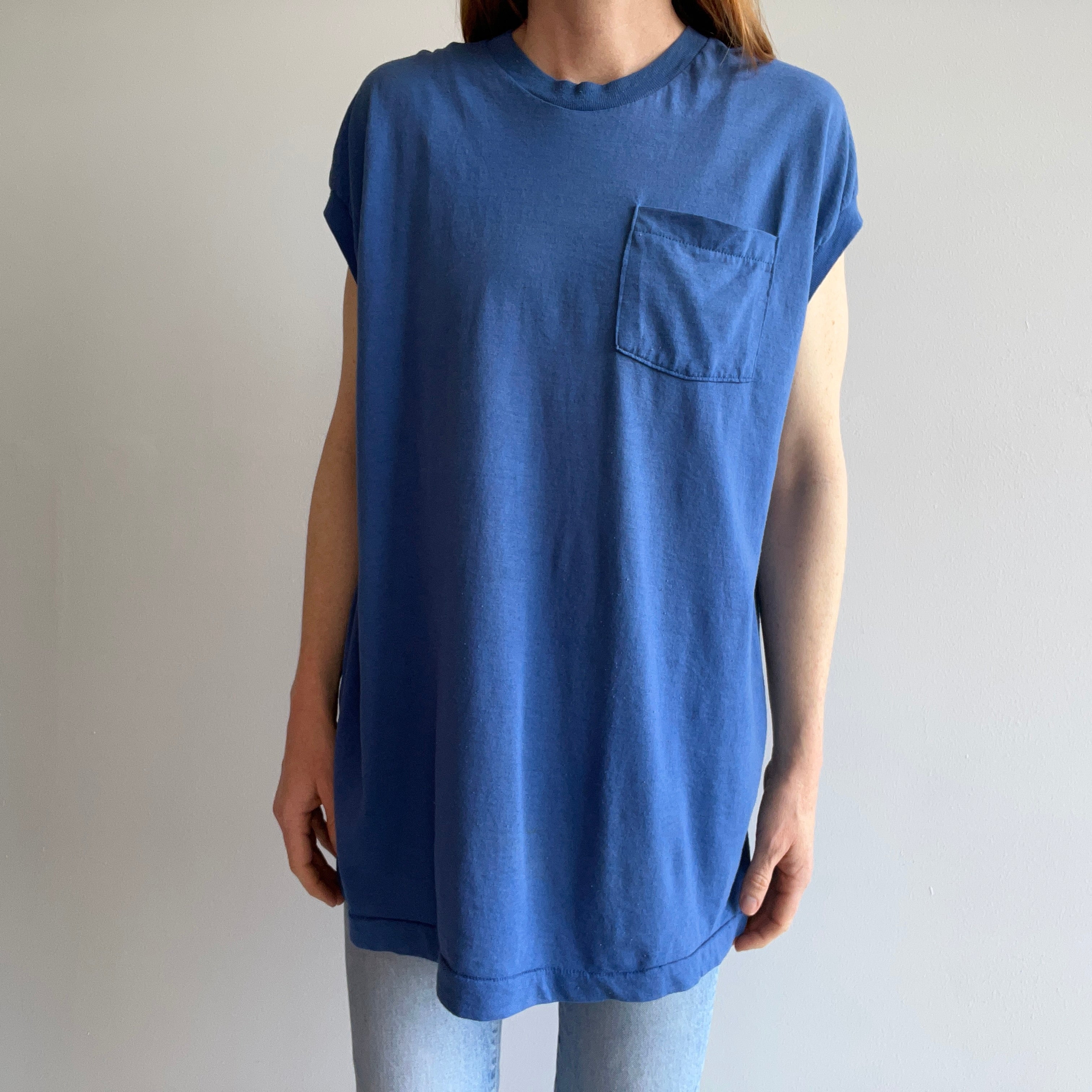1980s Thinned Out Super Slouchy and Worn Single Stitch Selvedge Pocket Muscle Tank - Sky Blue