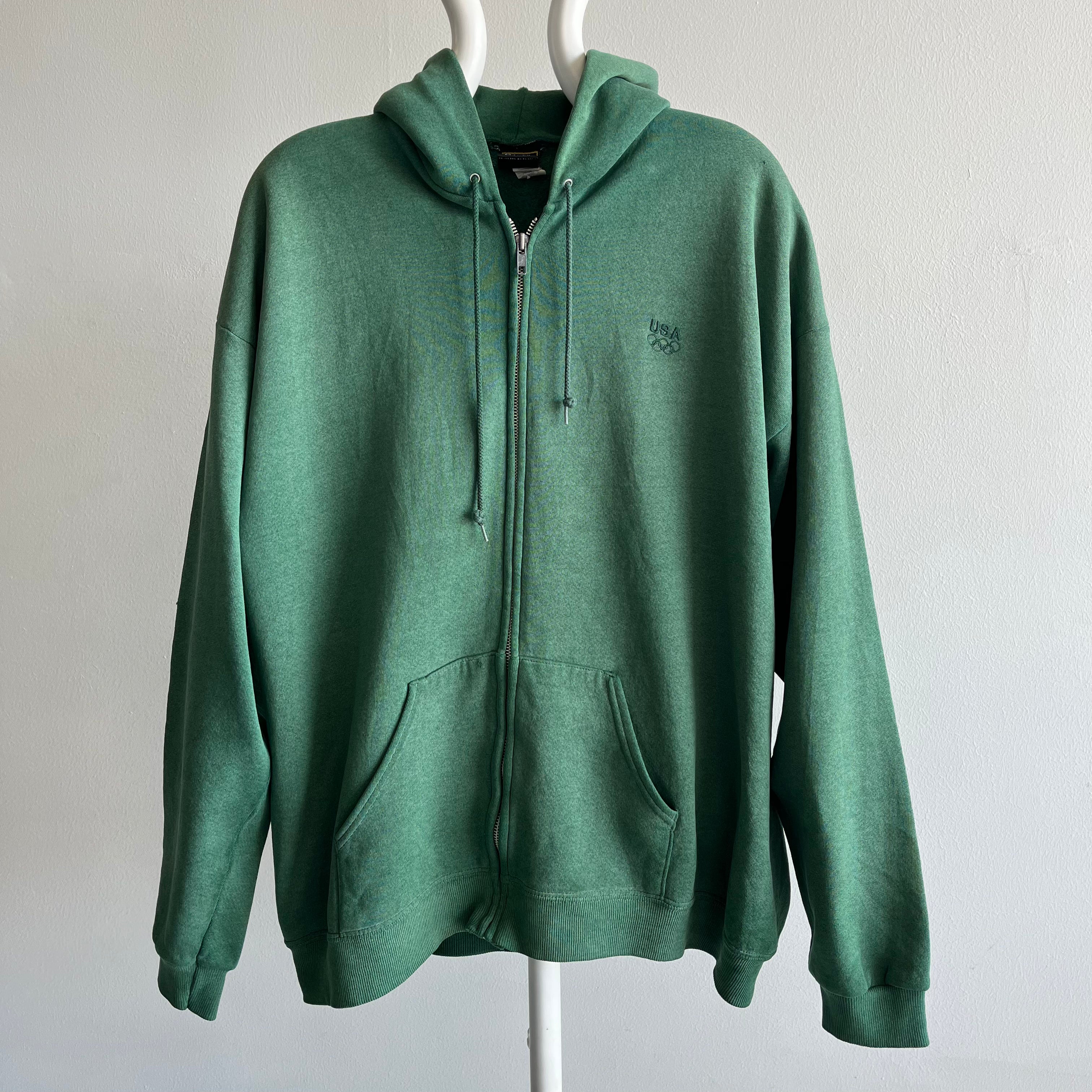 1980/90s USA Ultra Faded and Nicely Worn Green Zip Up Hoodie