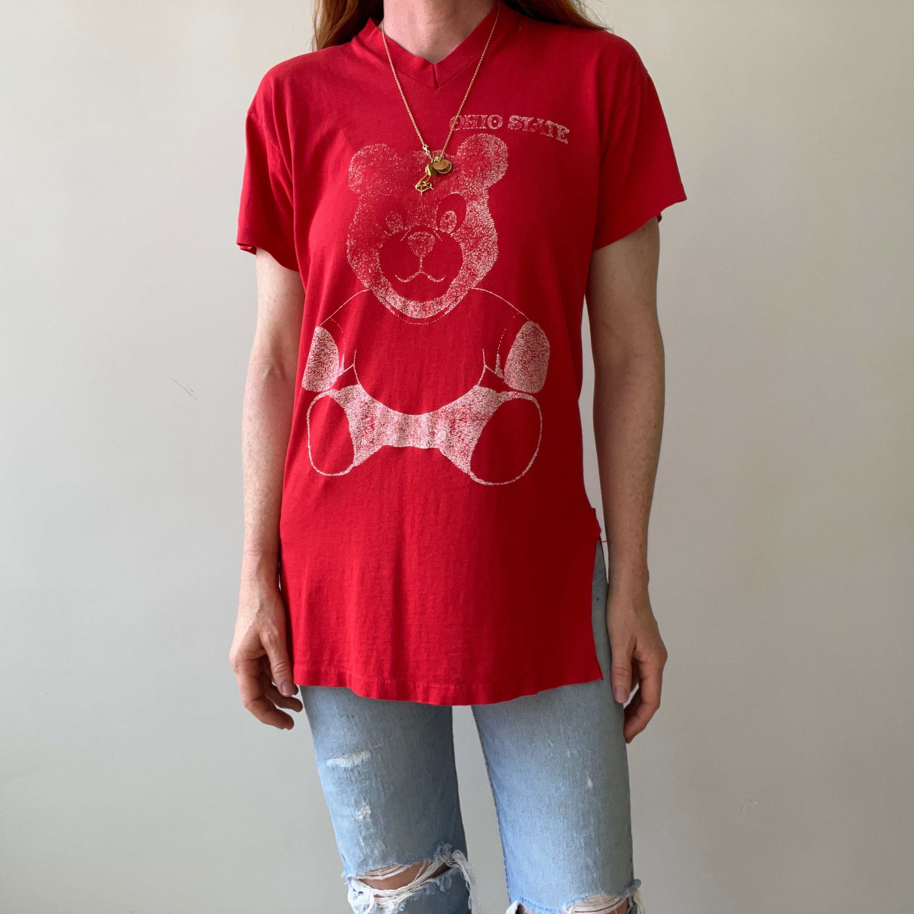 1980s Ohio State Teddy Bear V Neck T-Shirt - Very Faded, Soft and Slouchy