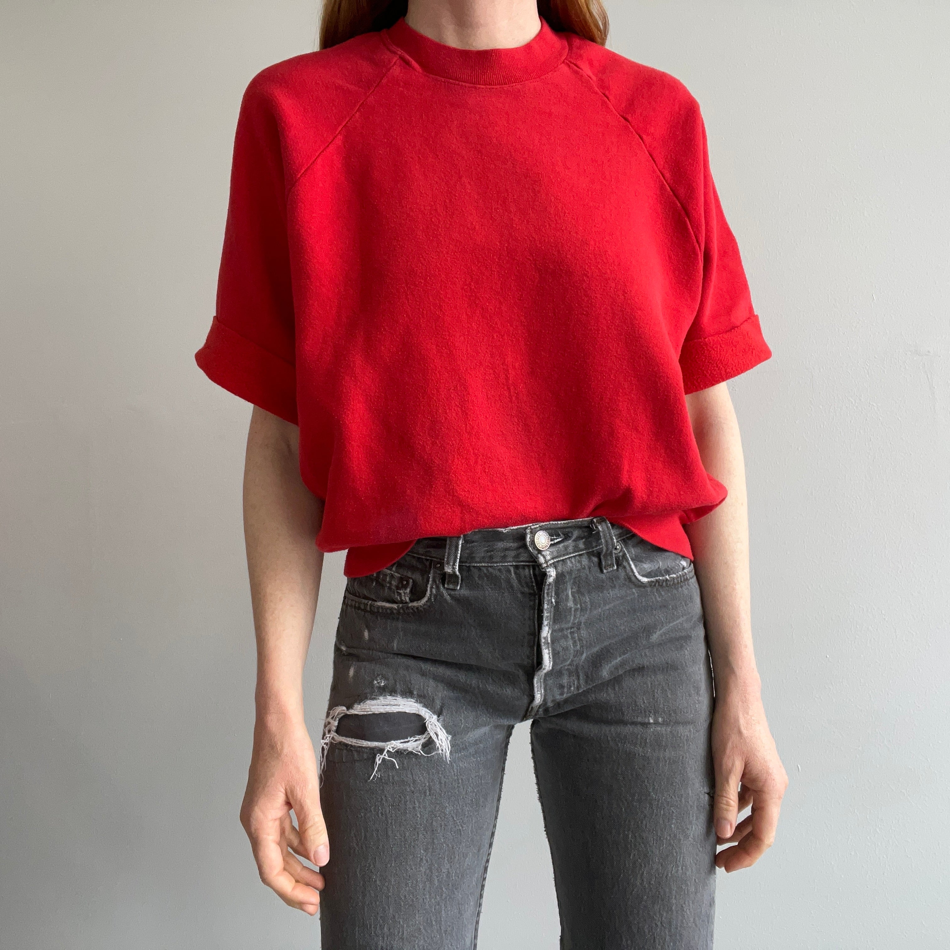 1980s Cut Sleeve DIY Red Warm Up Sweatshirt Red Vintage Co