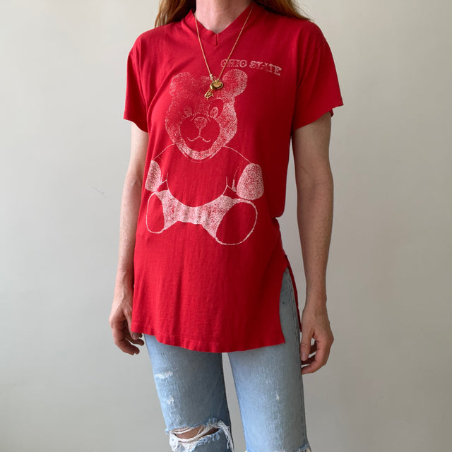 1980s Ohio State Teddy Bear V Neck T-Shirt - Very Faded, Soft and Slouchy