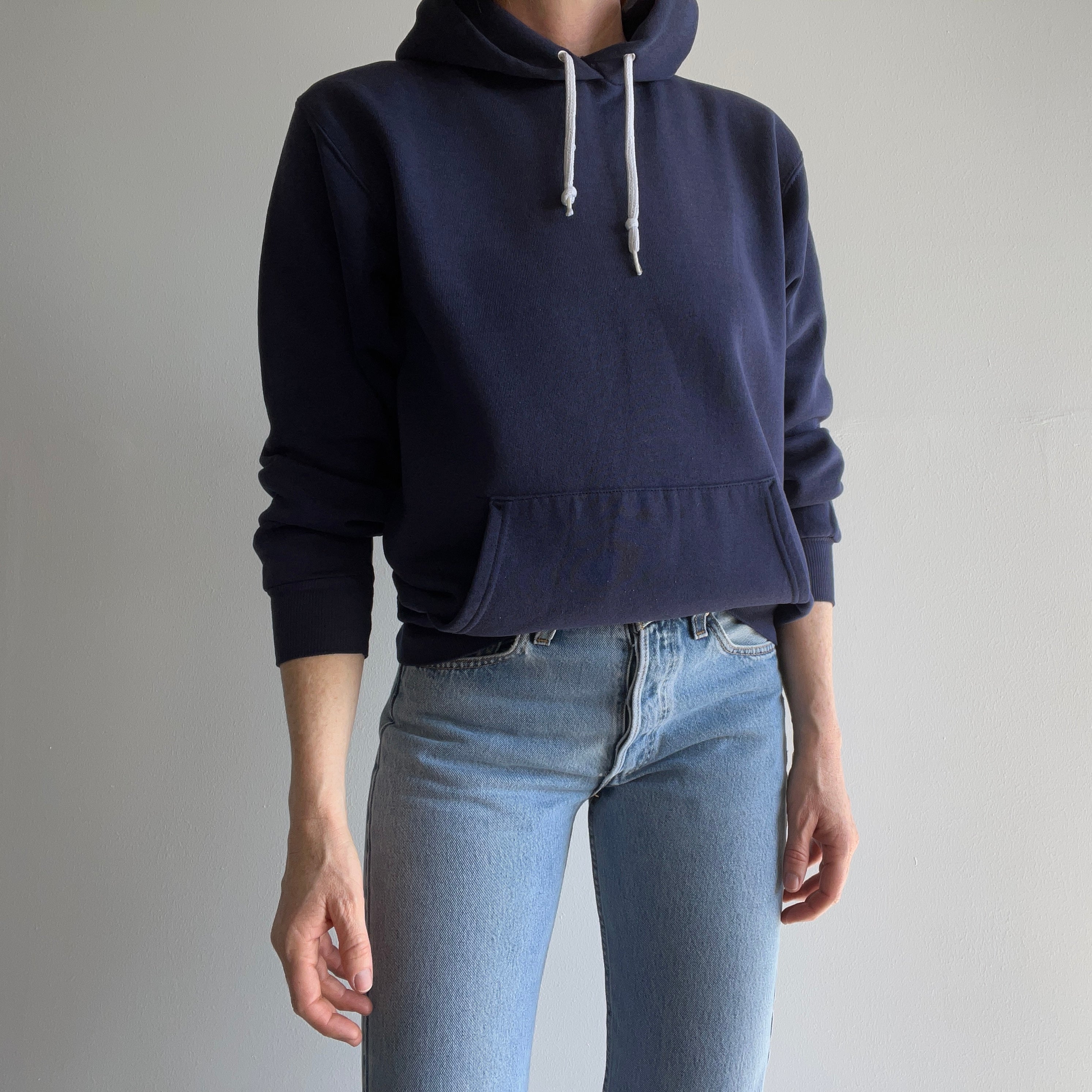 1980s Blank Navy Pull Over Hoodie