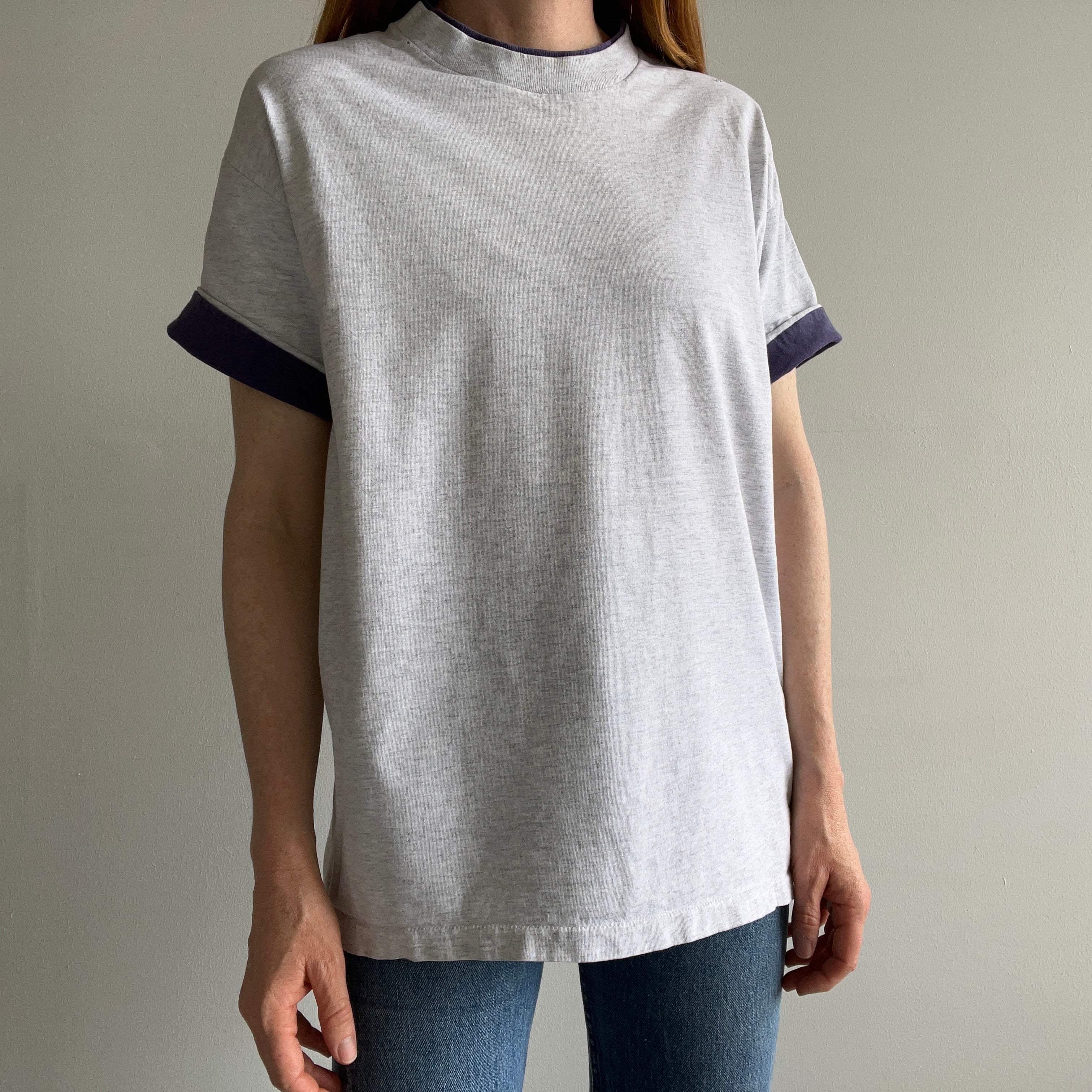 1980s Signal Brand Two Tone Roll Up Sleeve Blank Cotton T-SHirt