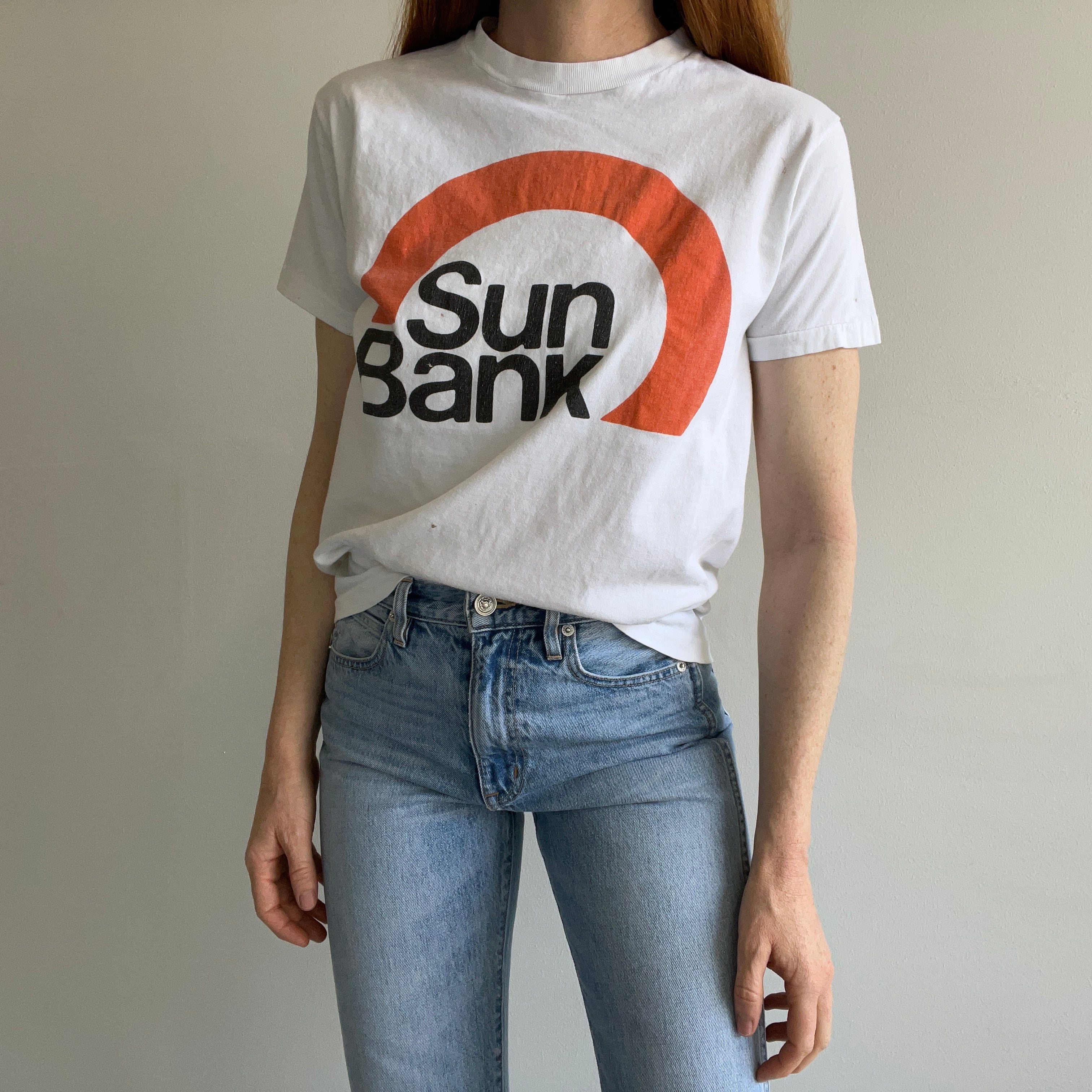 1970/80s Sun Bank Front and Back T-Shirt - Nice Fit