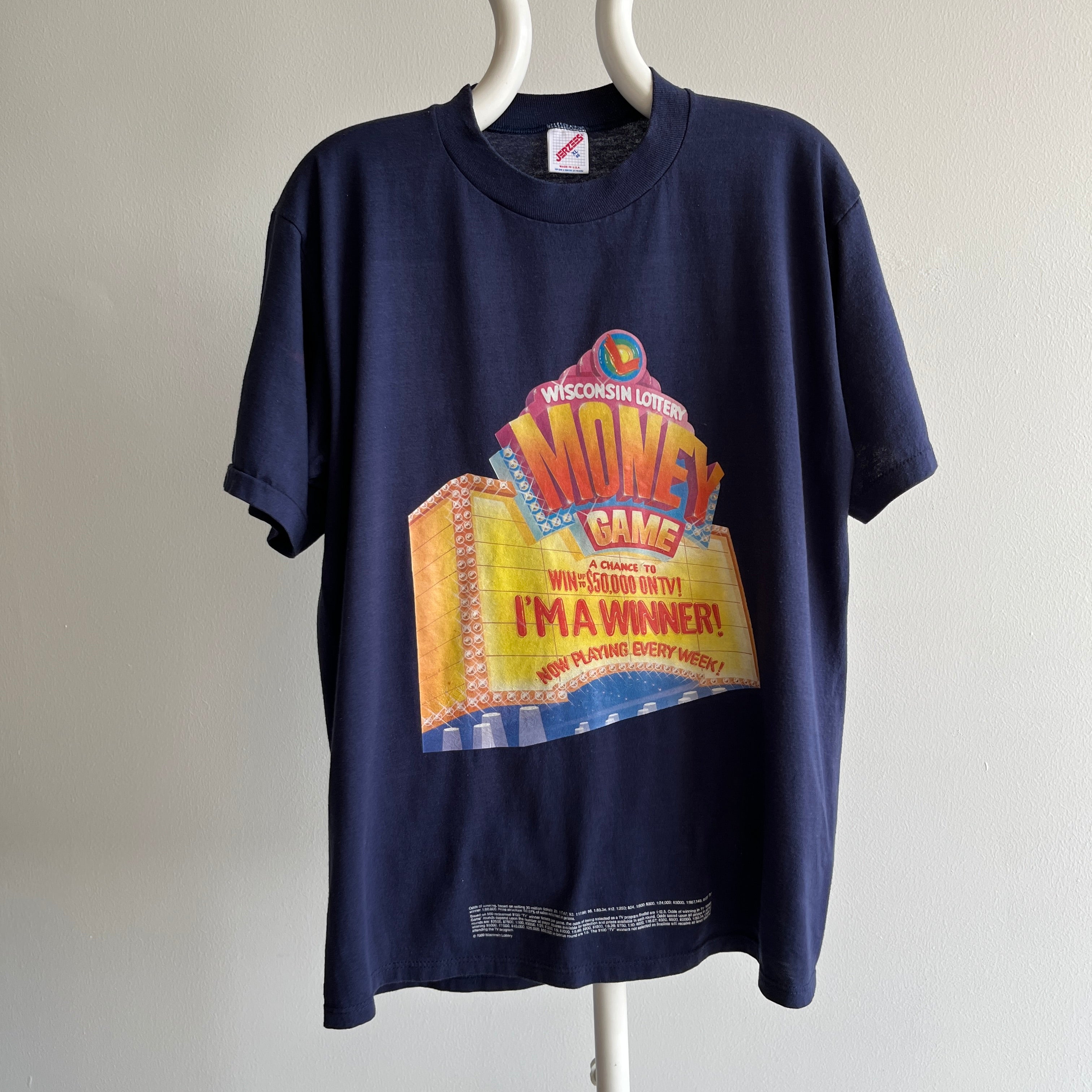 1989 Wisconsin Lottery T-Shirt with Small Print Disclaimer