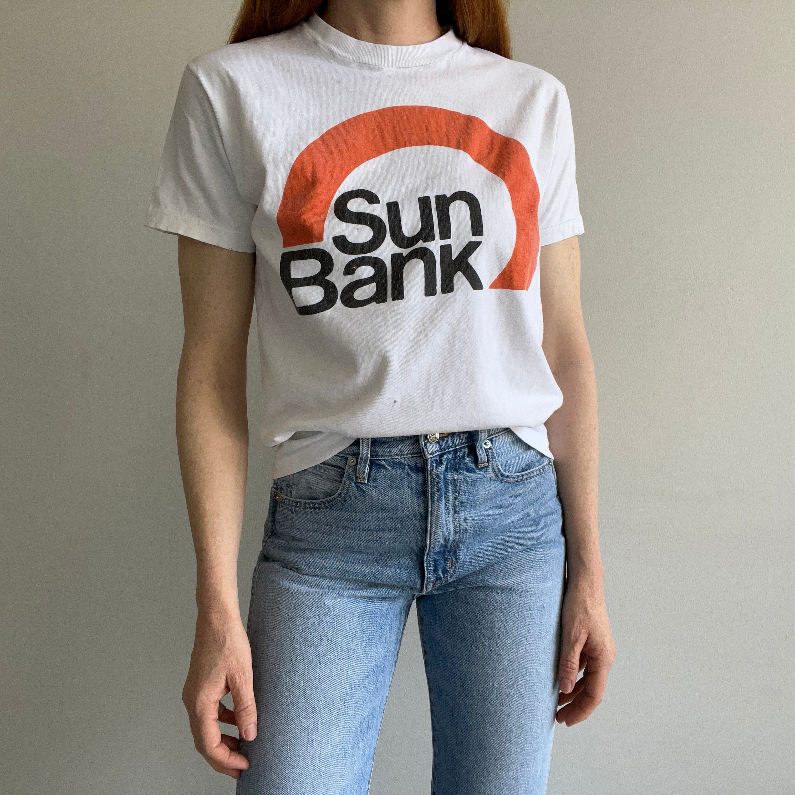 1970/80s Sun Bank Front and Back T-Shirt - Nice Fit