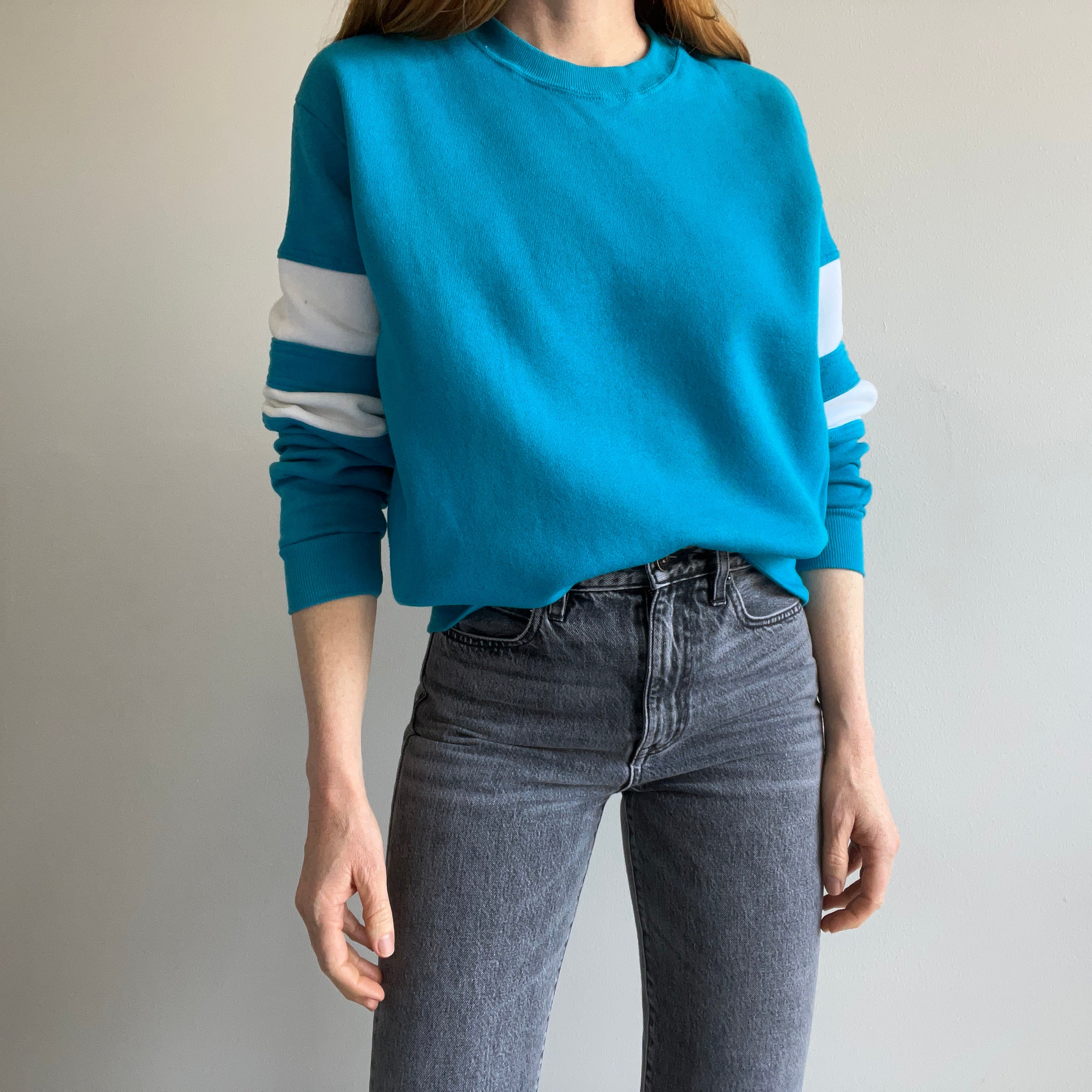 1980s Never? Worn Color Block Blue and White Sweatshirt by Wolf - Oh My