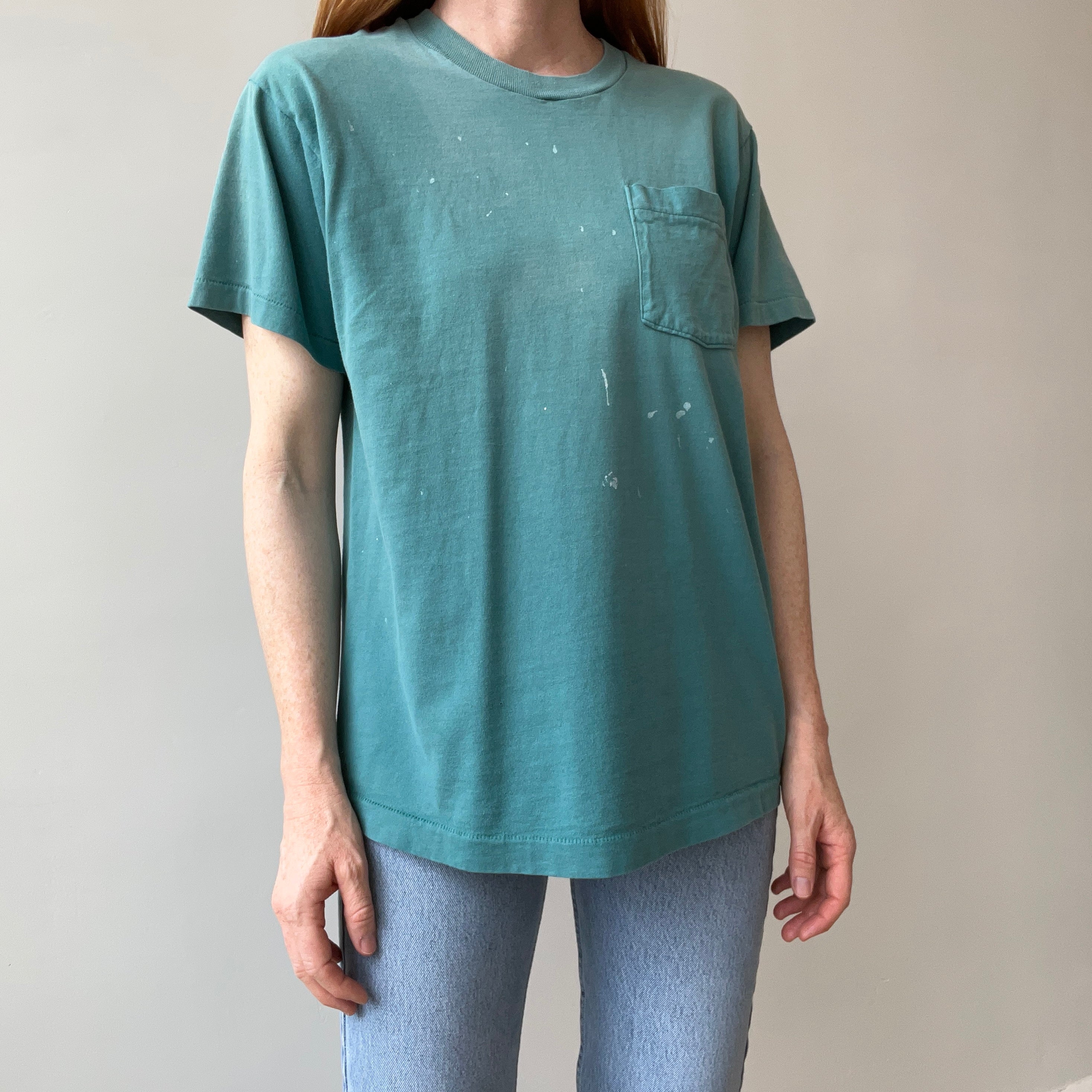 1980s Faded Paint Stained and Worn Green Pocket T-Shirt - !!!!!!!