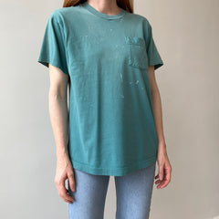 1980s Faded Paint Stained and Worn Green Pocket T-Shirt - !!!!!!!