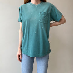 1980s Faded Paint Stained and Worn Green Pocket T-Shirt - !!!!!!!