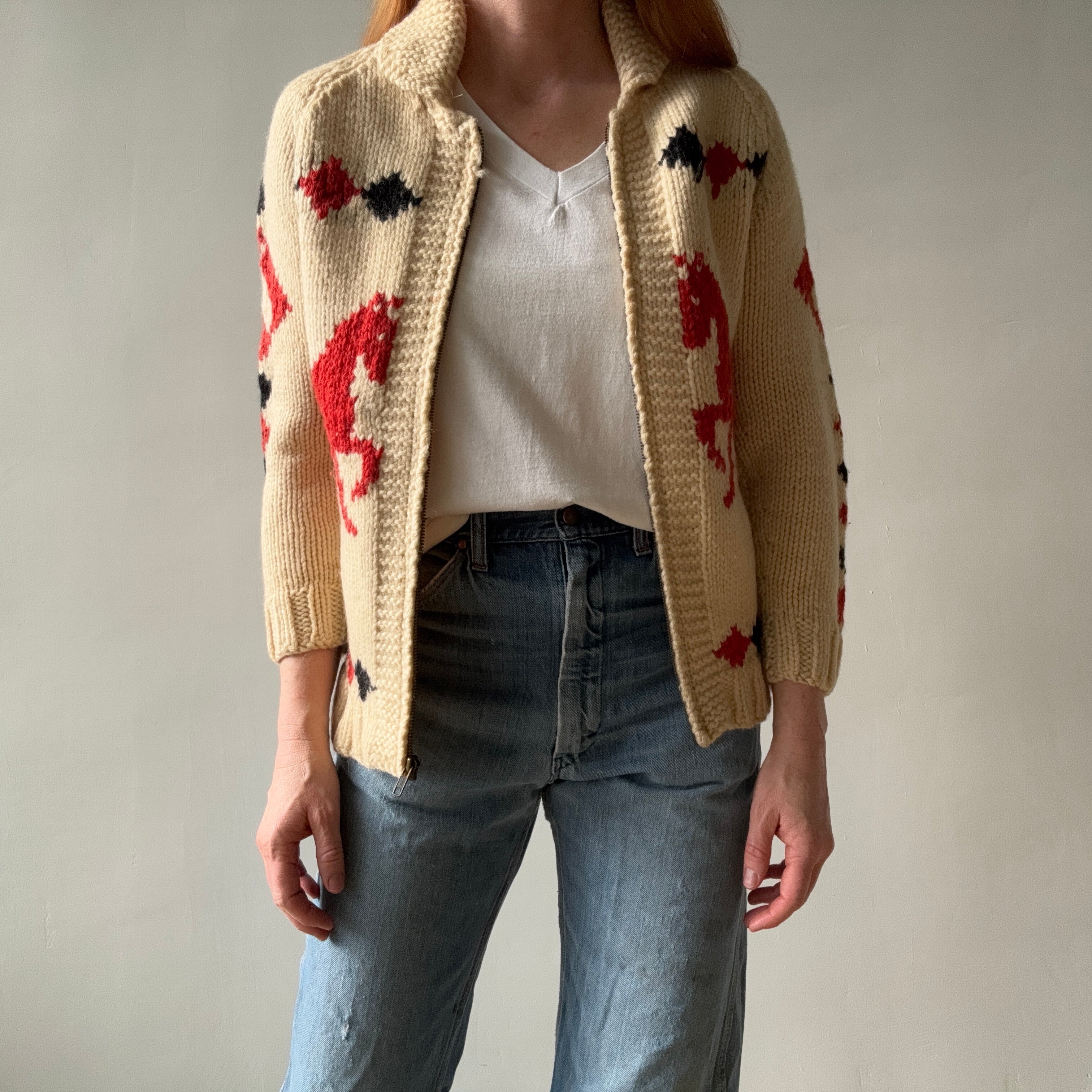 1970s Handmade DIY Horsey Cowichan Zip Up Sweater - !!!!!!