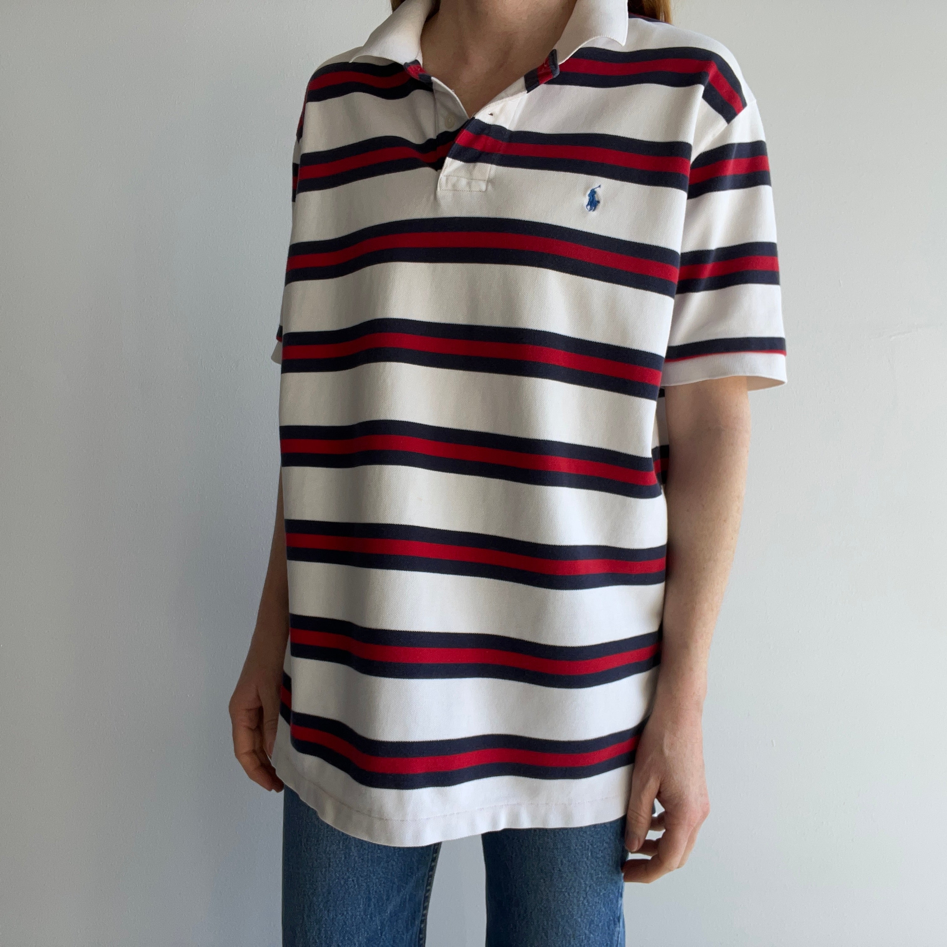 1990s/2000s Ralph Lauren Red, White and Blue Classic Polo Shirt