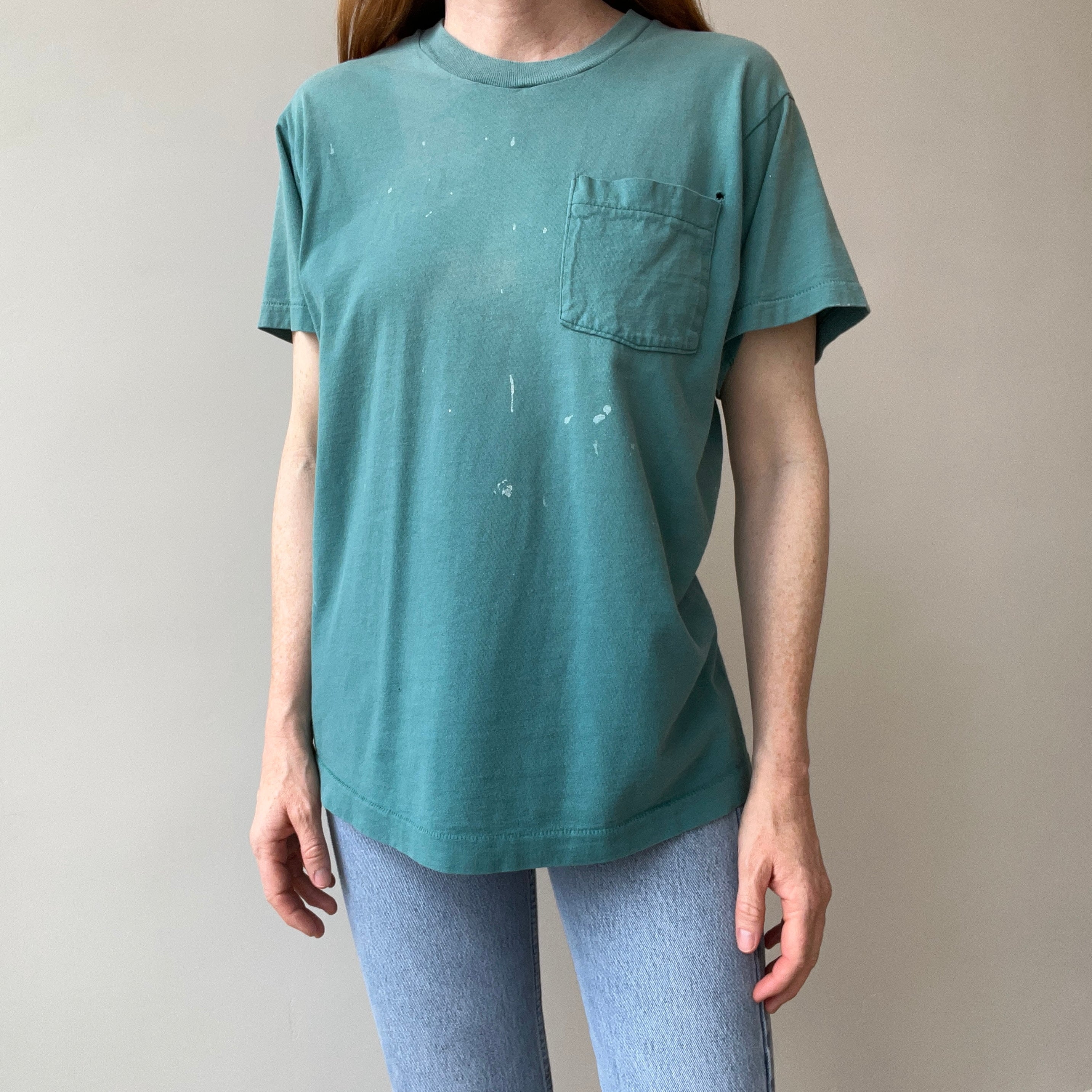 1980s Faded Paint Stained and Worn Green Pocket T-Shirt - !!!!!!!