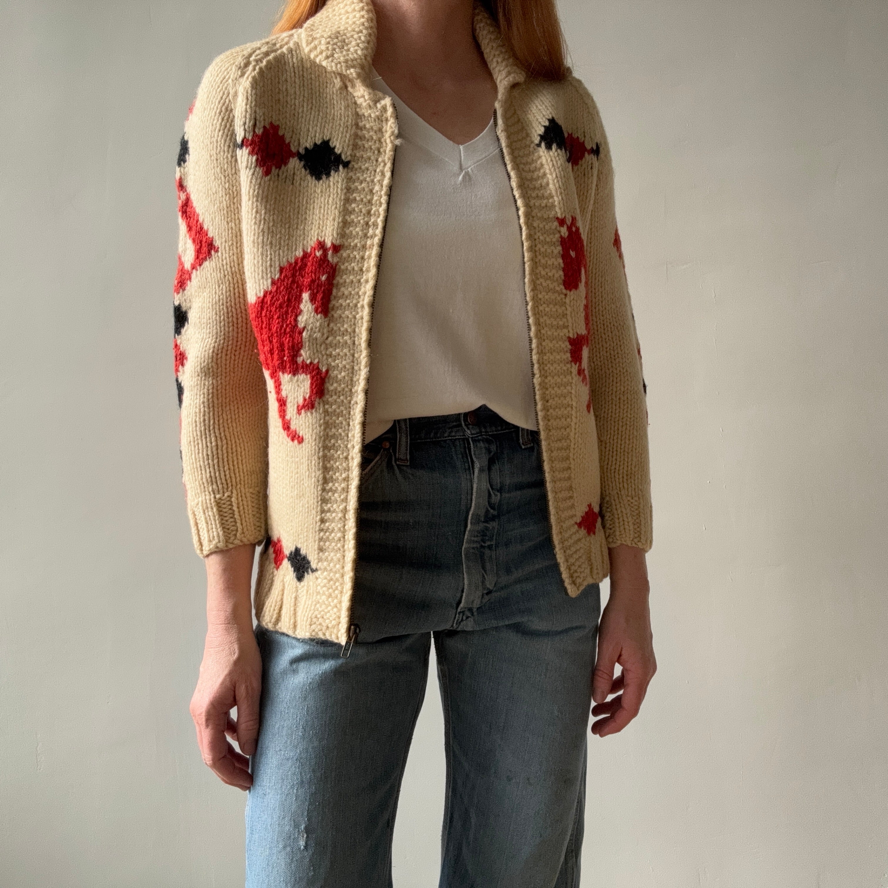 1970s Handmade DIY Horsey Cowichan Zip Up Sweater - !!!!!!