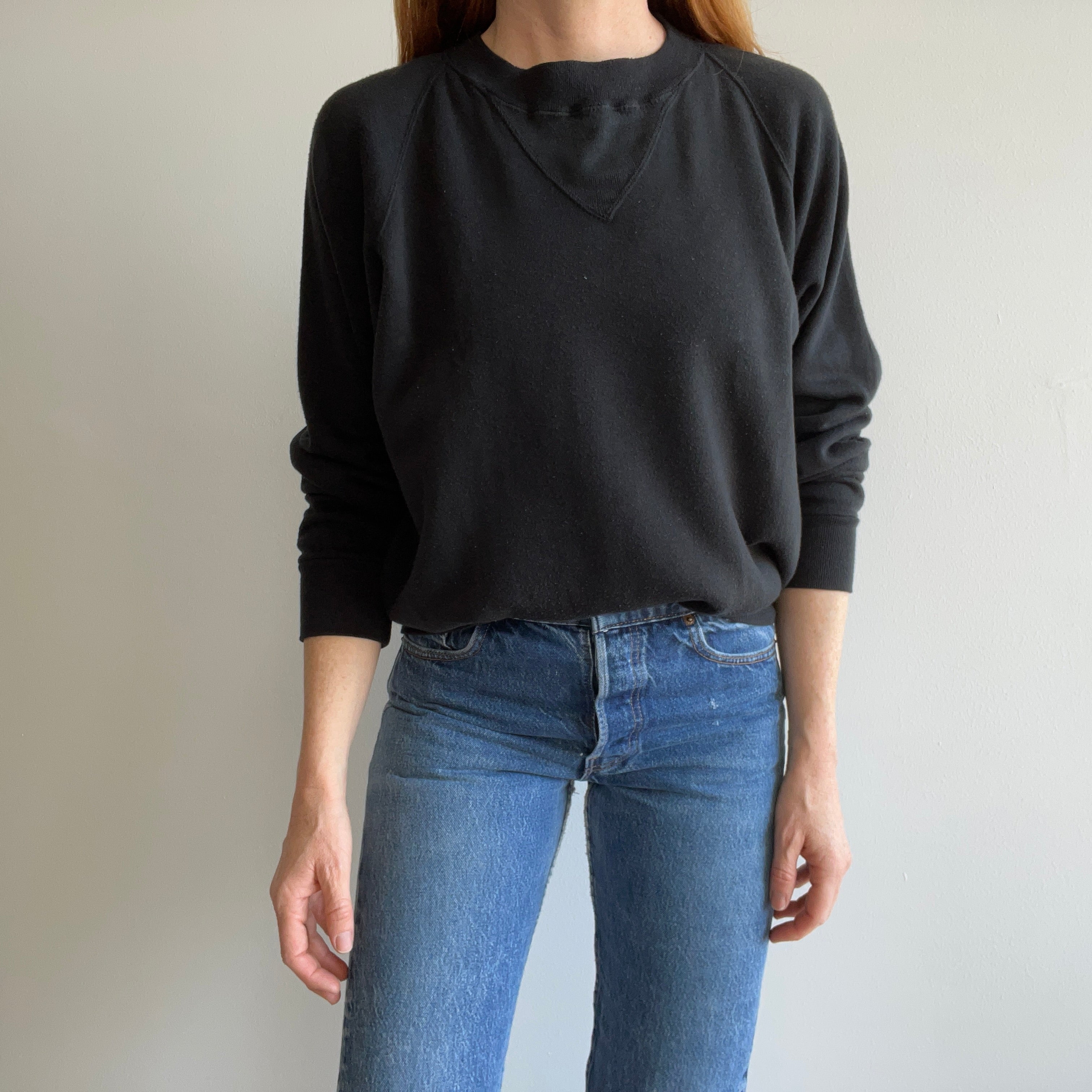 1980s Blank Black Super Soft Acrylic Single V Sweater/Sweatshirt