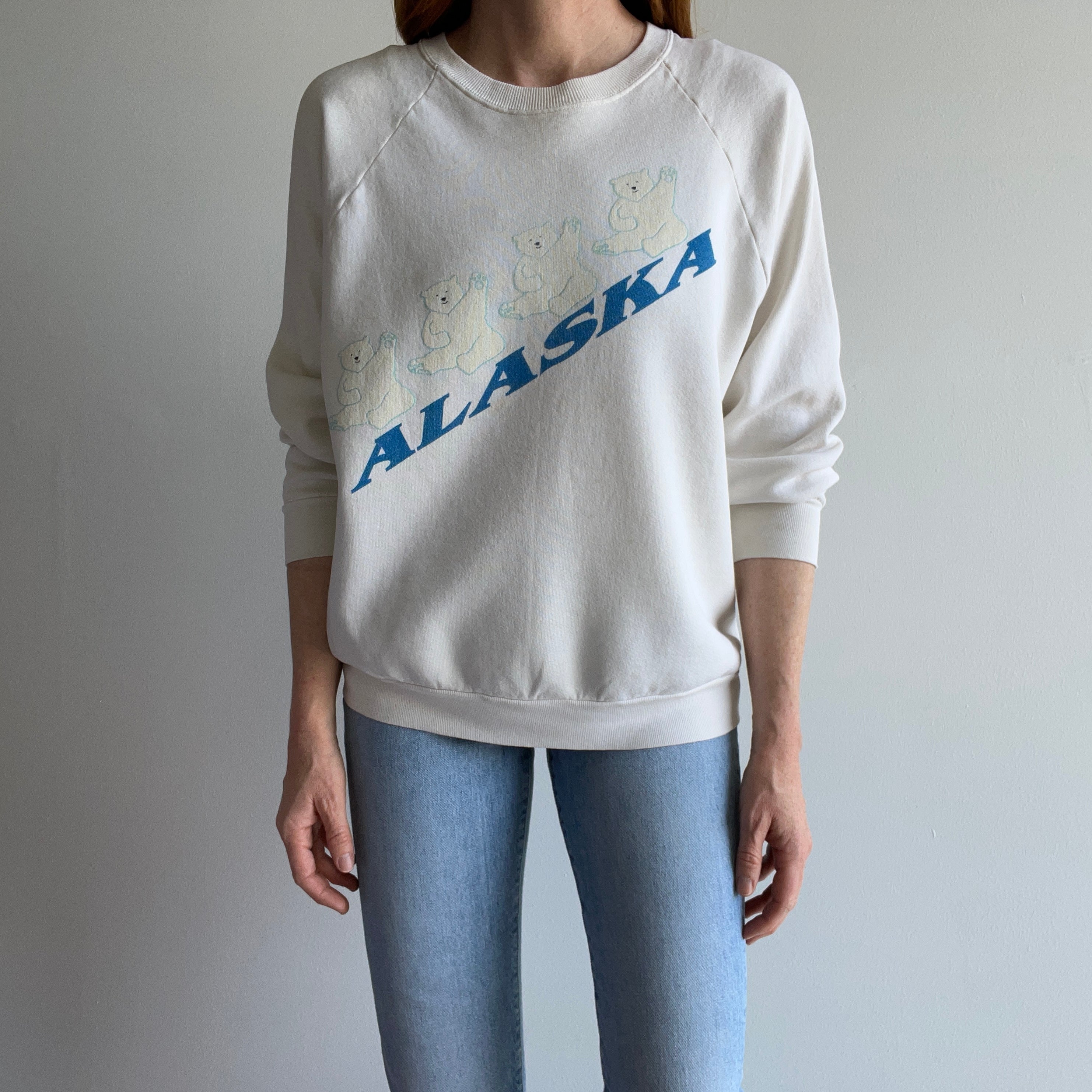 1980s Thinned Out Aged Alaska Happy Polar Bear Sweatshirt