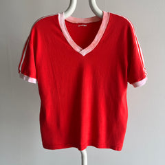 1970/80s Re V-Neck Ring T-SHirt with Shoulder Striping - Jersey Knit