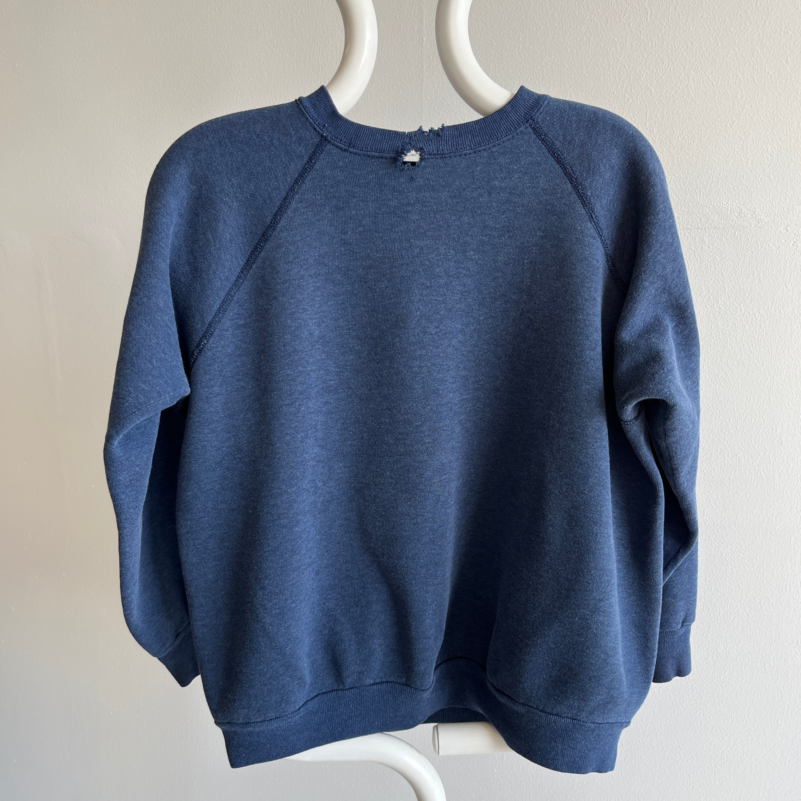 1970/80s Blank Bleach Stained Navy Sweatshirt with Tattered Hole on the Backside - Luxe