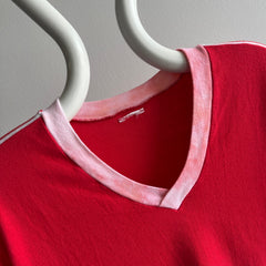 1970/80s Re V-Neck Ring T-SHirt with Shoulder Striping - Jersey Knit