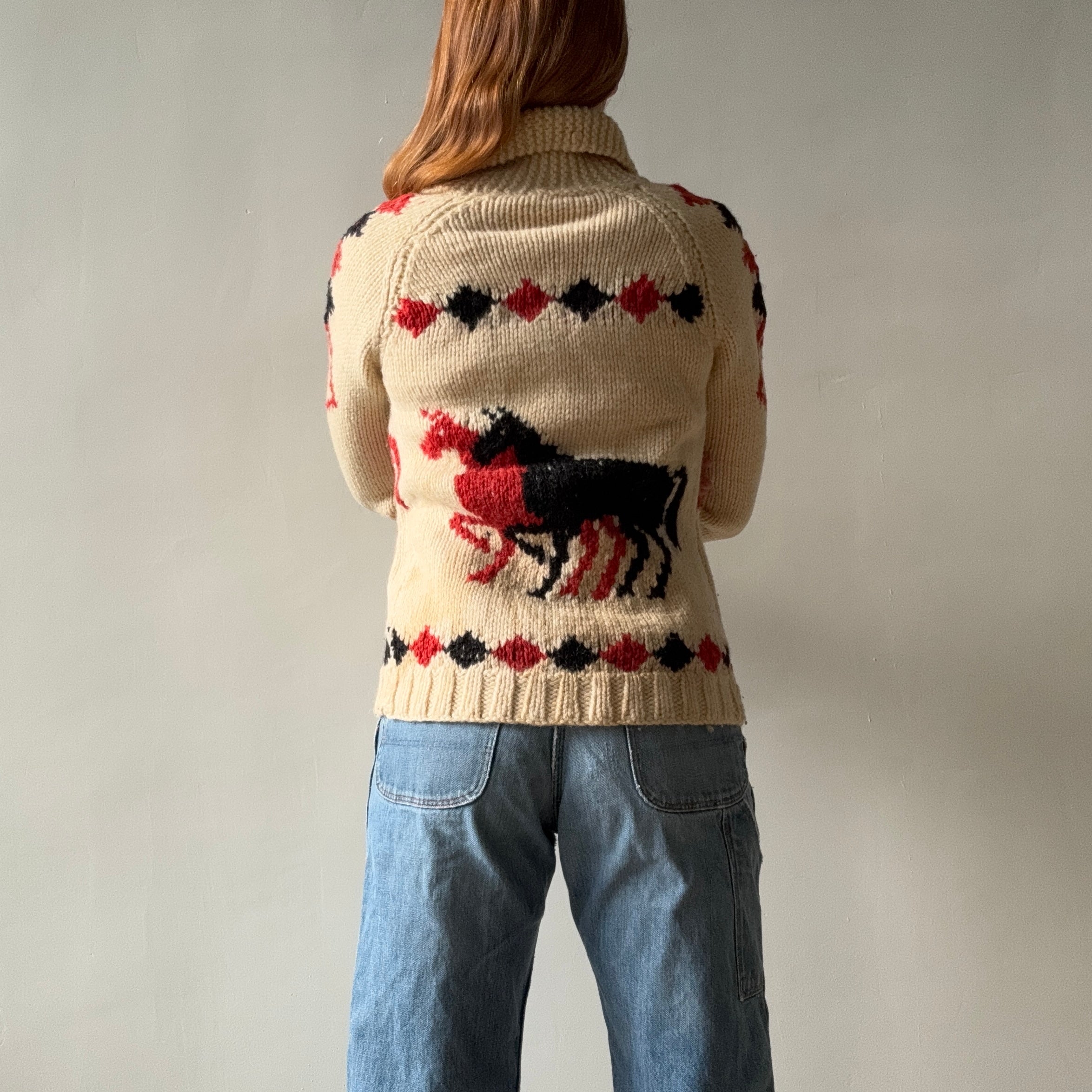 1970s Handmade DIY Horsey Cowichan Zip Up Sweater - !!!!!!