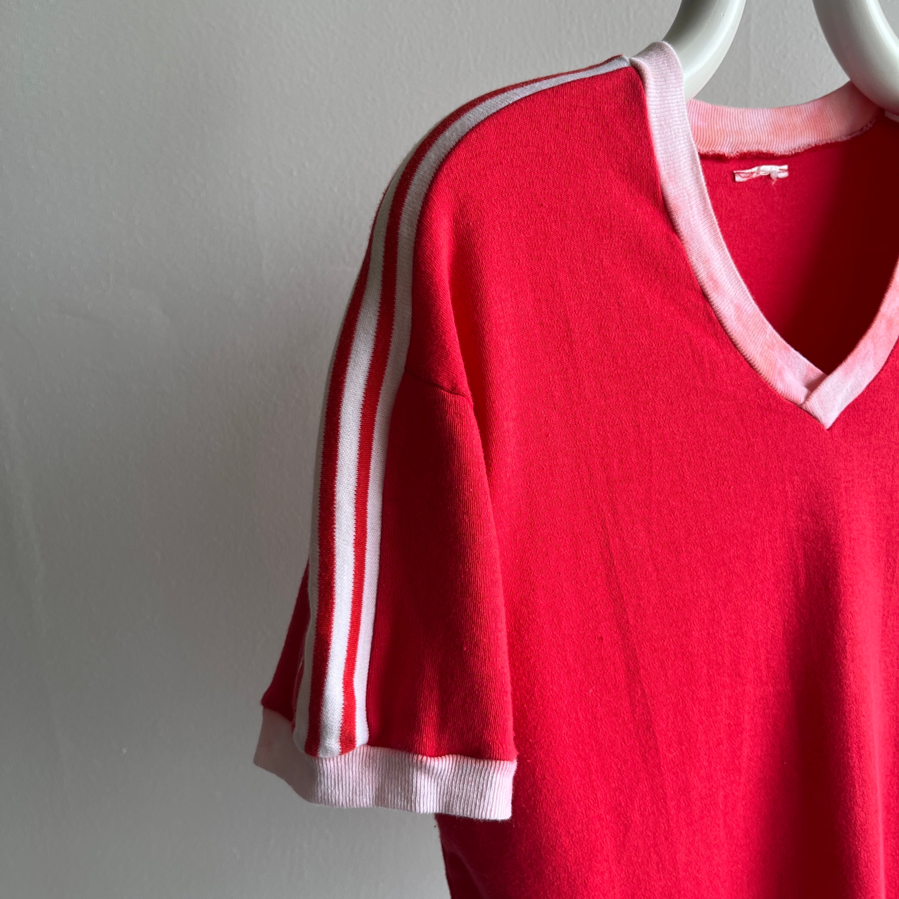 1970/80s Re V-Neck Ring T-SHirt with Shoulder Striping - Jersey Knit