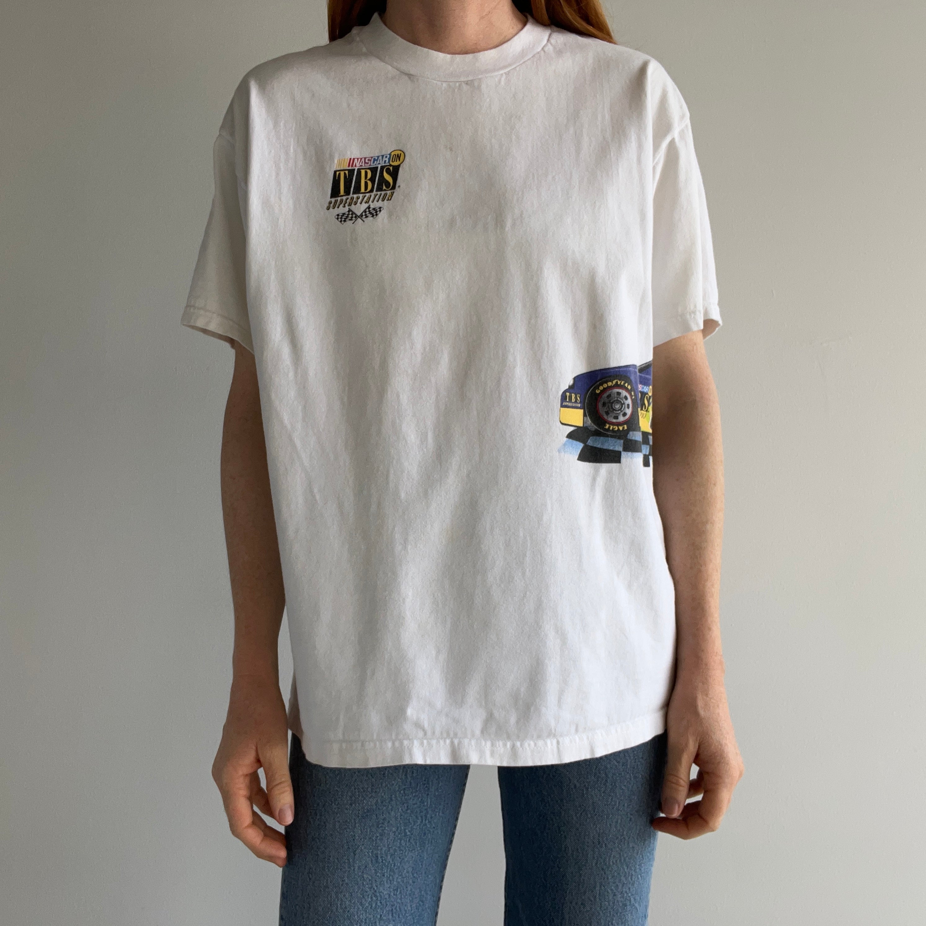 1990s NASCAR on TBS Superstation Wrap Around Cotton T-Shirt - Stained