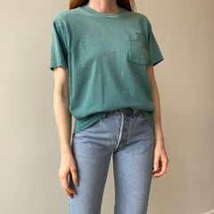 1980s Faded Paint Stained and Worn Green Pocket T-Shirt - !!!!!!!