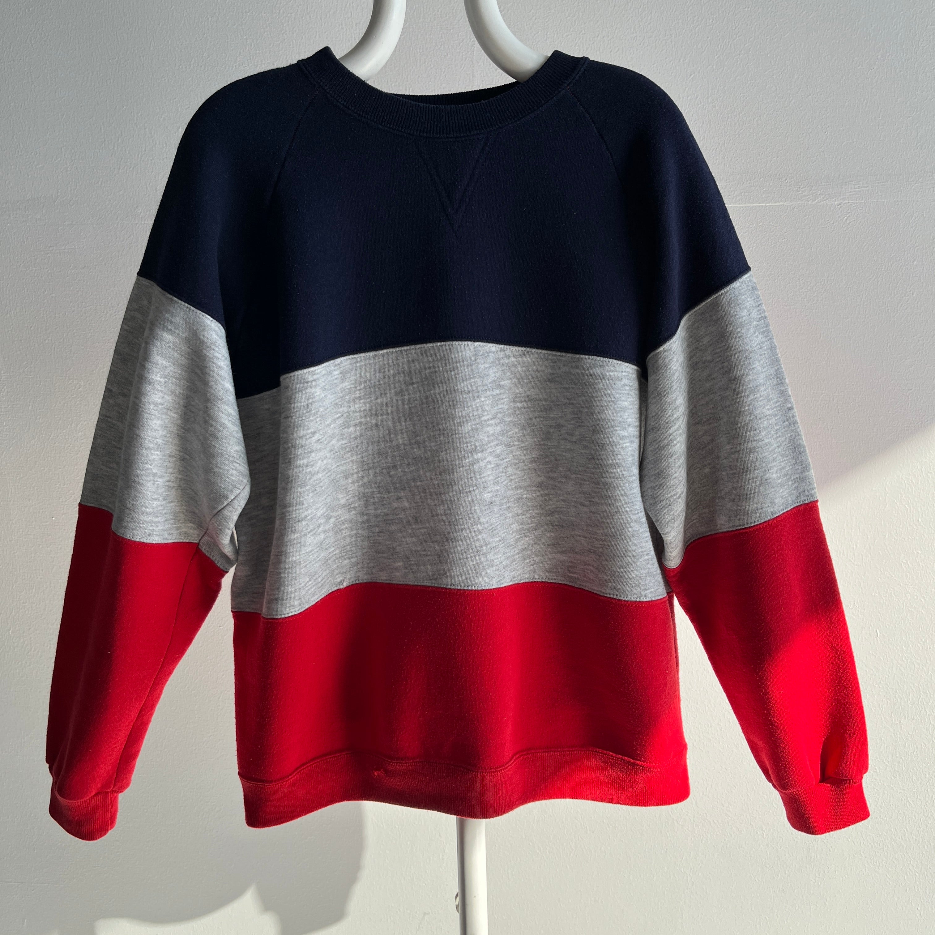 1990s Red, Gray and Blue Medium Weight Color Block Sweatshirt - !!!