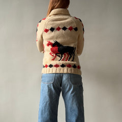 1970s Handmade DIY Horsey Cowichan Zip Up Sweater - !!!!!!