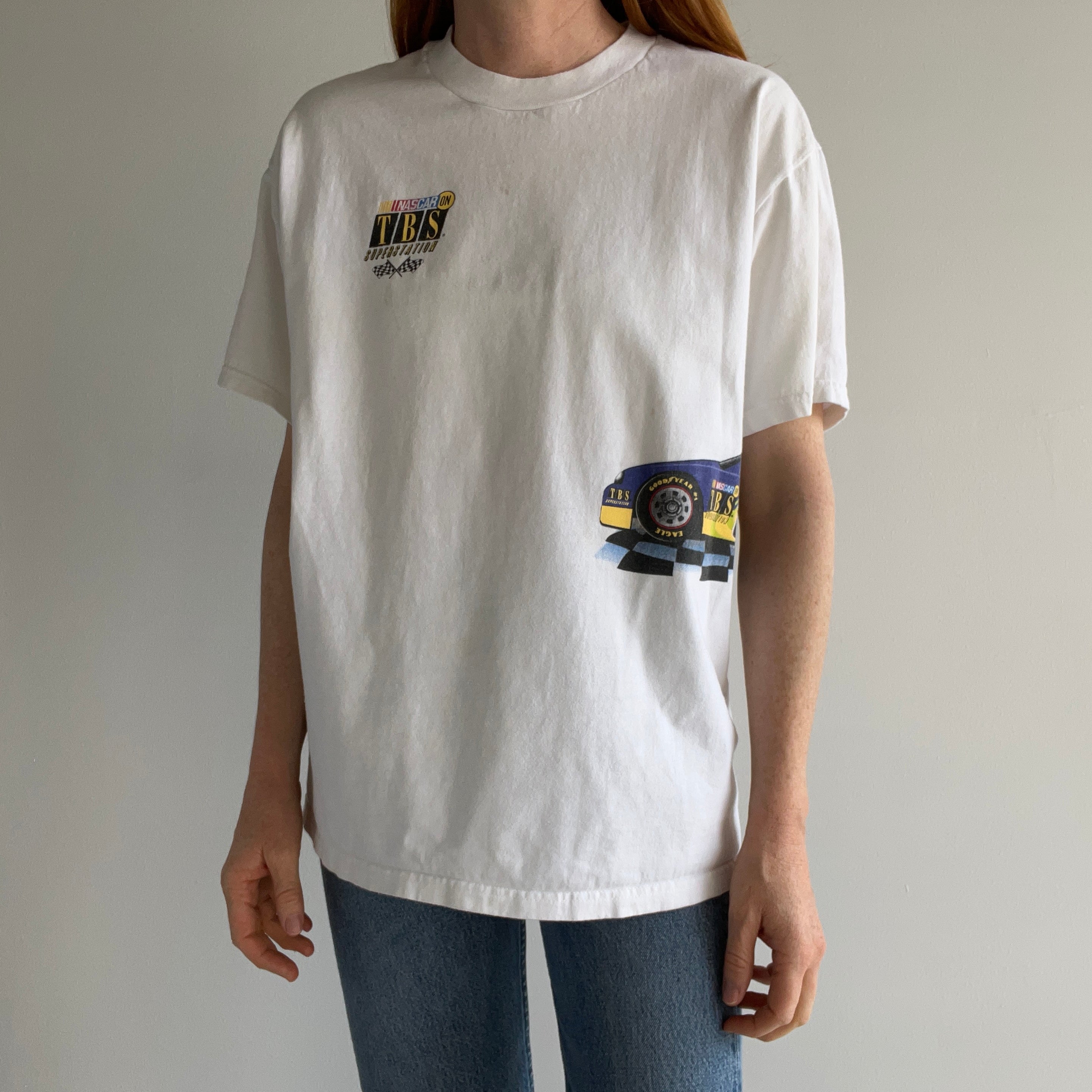 1990s NASCAR on TBS Superstation Wrap Around Cotton T-Shirt - Stained