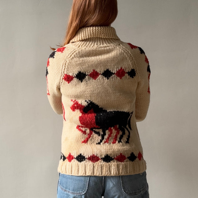 1970s Handmade DIY Horsey Cowichan Zip Up Sweater - !!!!!!