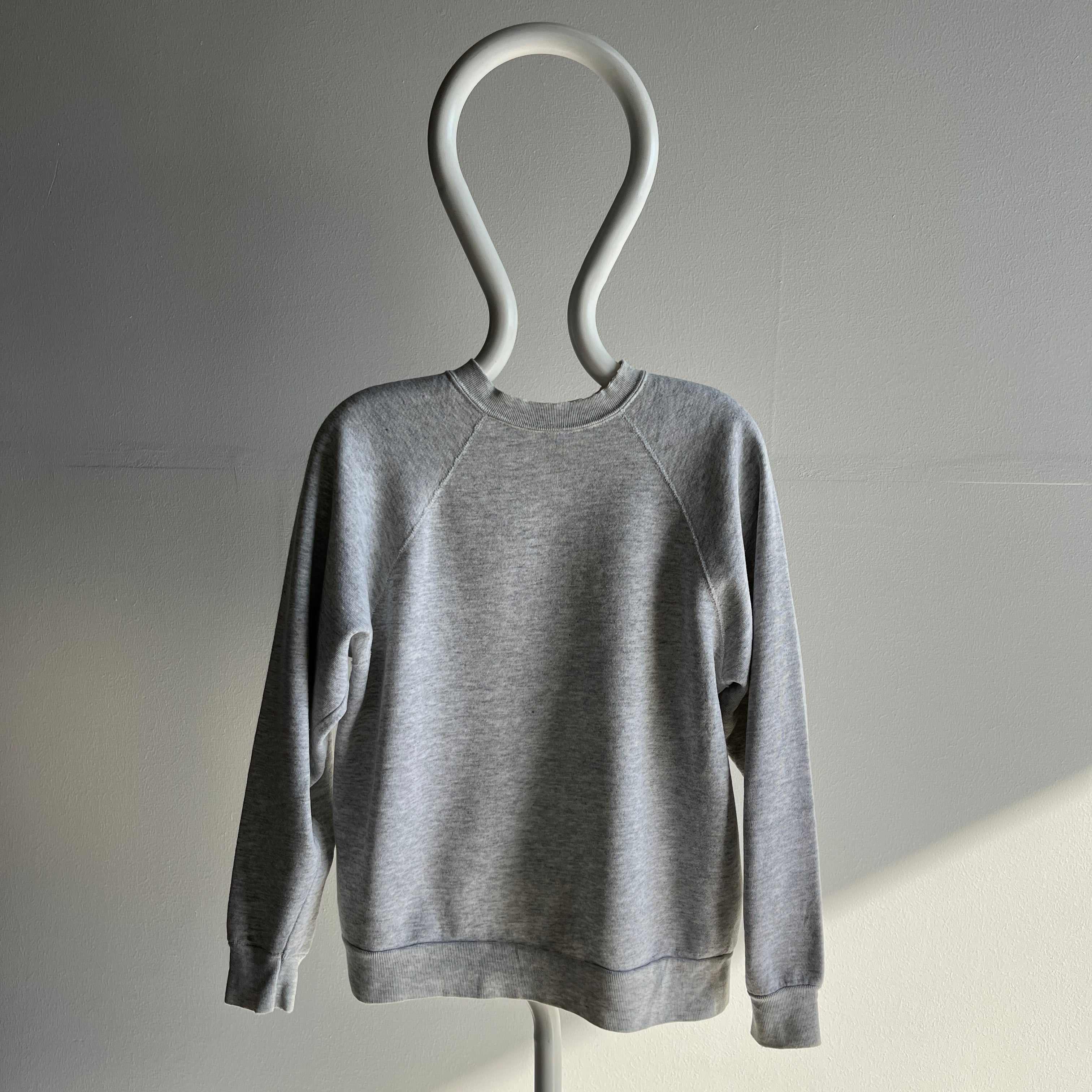 1980s Light Gray Split Collar Worn Out Gray Sweatshirt