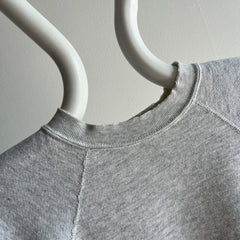 1980s Light Gray Split Collar Worn Out Gray Sweatshirt