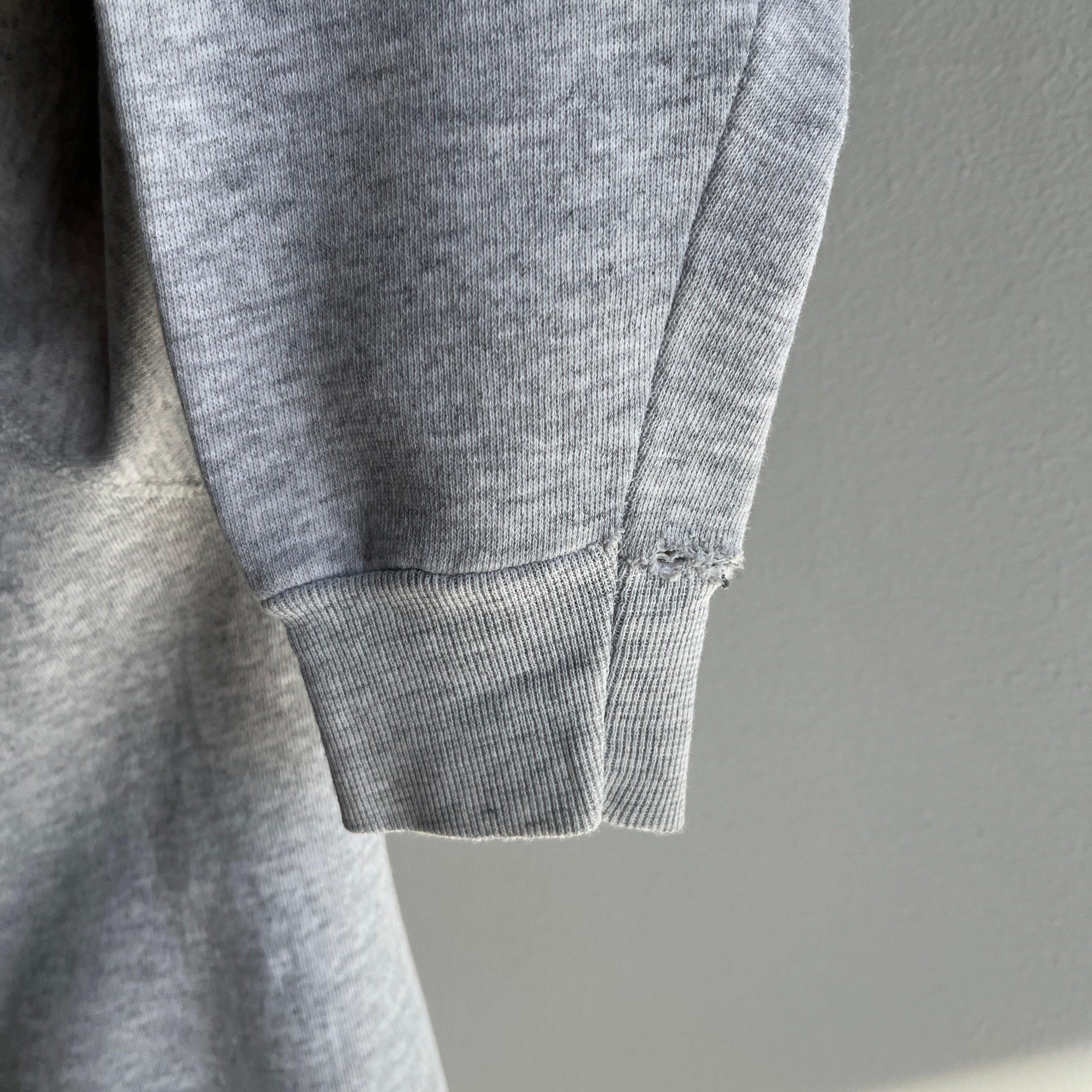 1980s Light Gray Split Collar Worn Out Gray Sweatshirt