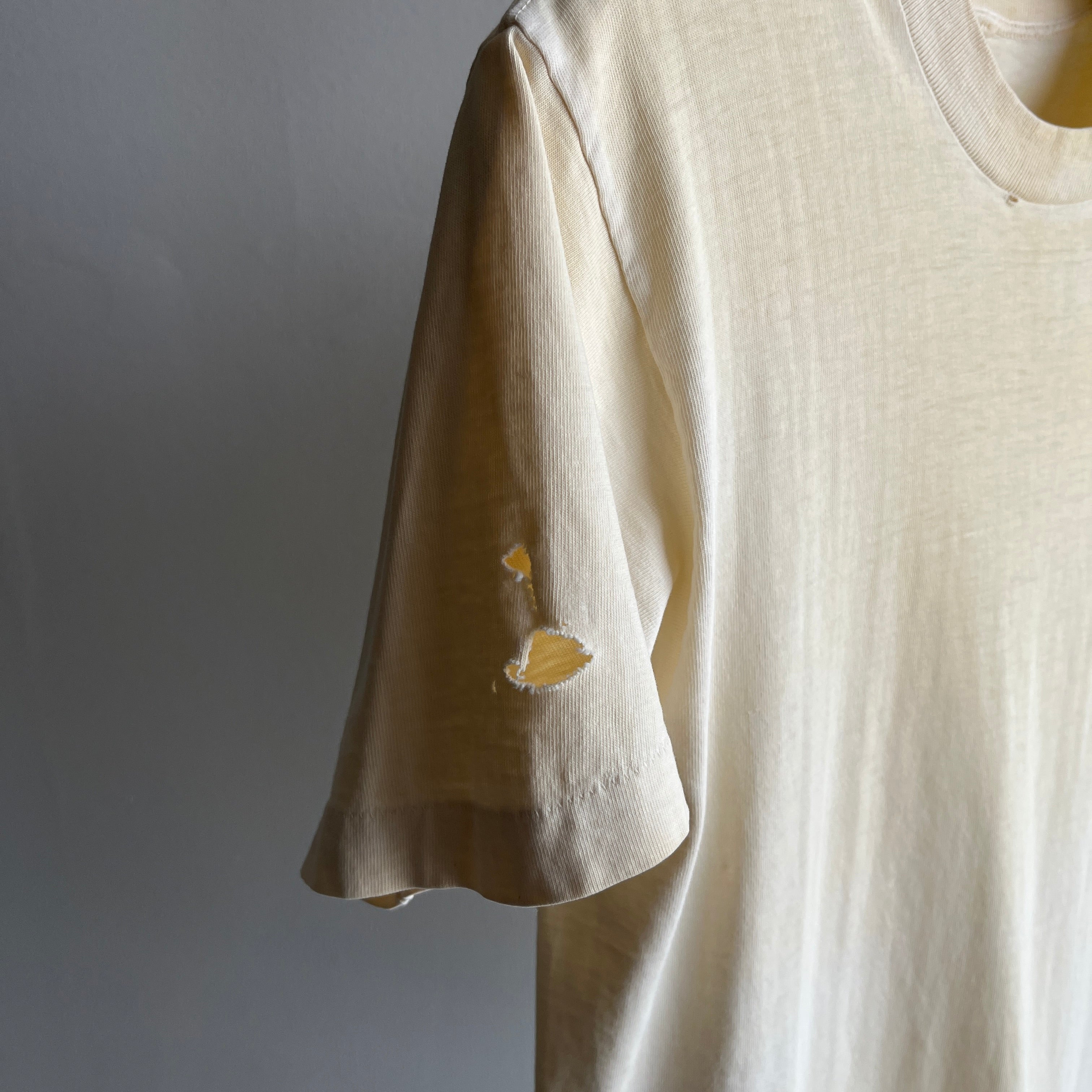 1970s Ecru Patina Blank White Beat Up T-SHirt - Above Average!